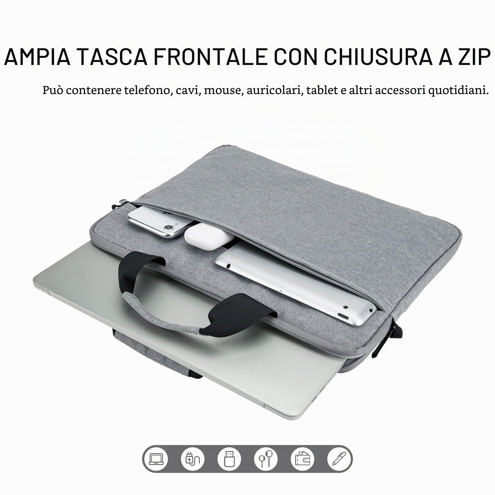 15 Borsa a tracolla per laptop da 15,6 pollici Uomo Donna, Custodia per il trasporto sottile impermeabile Borsa portatile per Acer/Asus/Dell/HP, Grigio