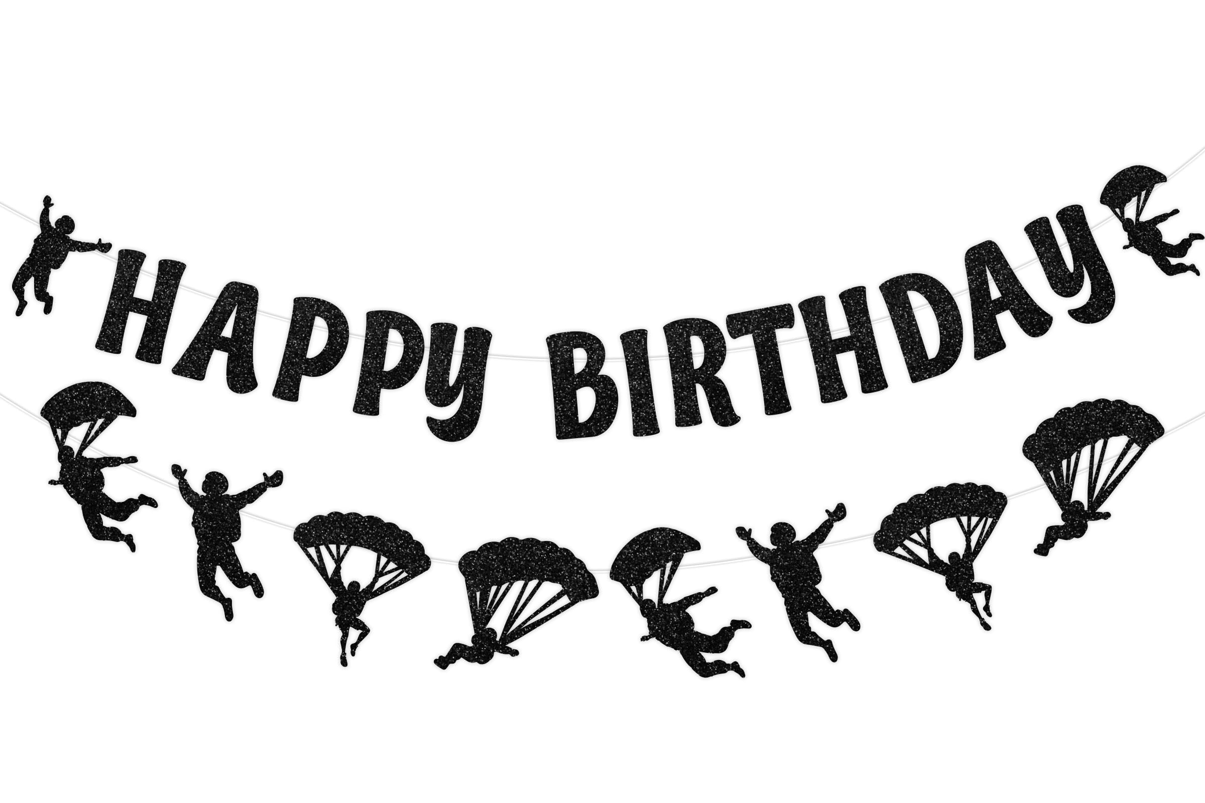 Skydiving Birthday Decorations Sky Diving Happy Birthday Black Glitter Banner Garland Parachute Parachuting Paragliding Hanging Decor Extreme Ultimate Sports Adventure Skydiving Lovers Party Supplies