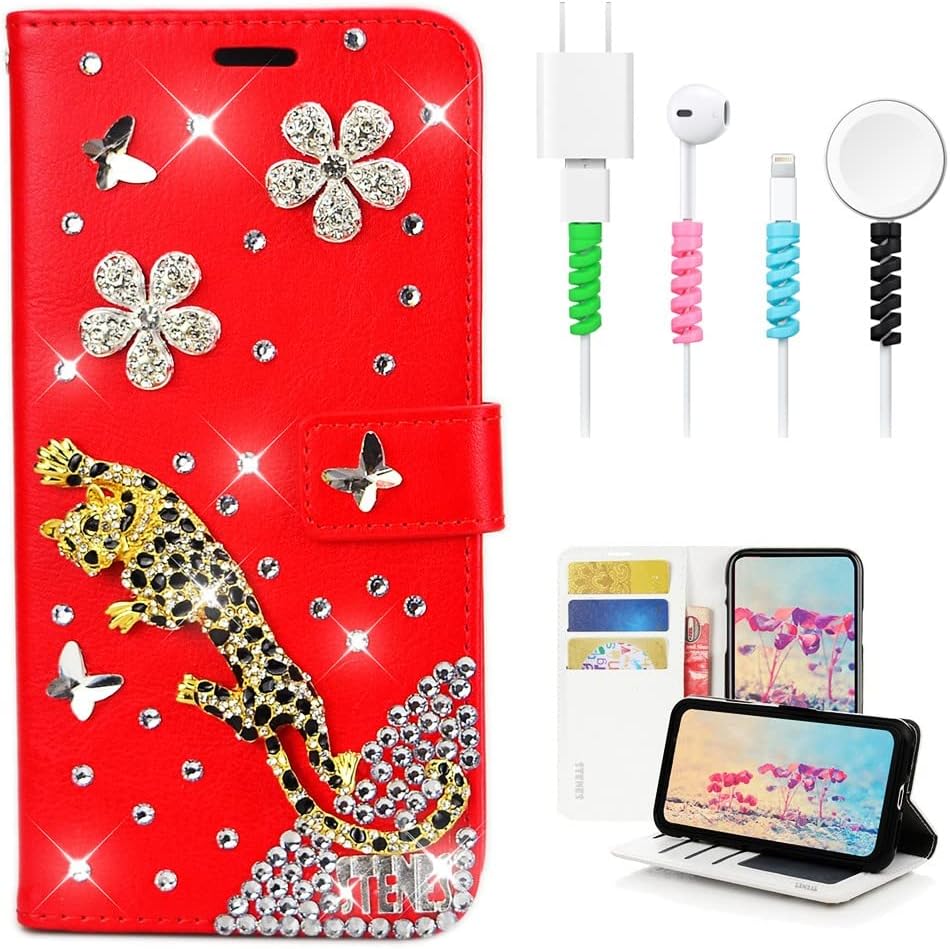STENES Bling Wallet Case Compatible with iPhone 7 / iPhone 8 - Stylish - 3D Handmade Leopard Butterfly Floral Flowers Leather Cover with Cable Protector [4 Pack] - Red