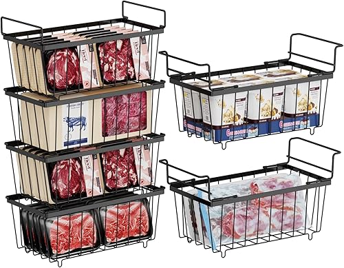 iSPECLE Contenedores organizadores de congelador, paquete de 6 cubos organizadores apilables para congelador profundo y organizador colgante con asa