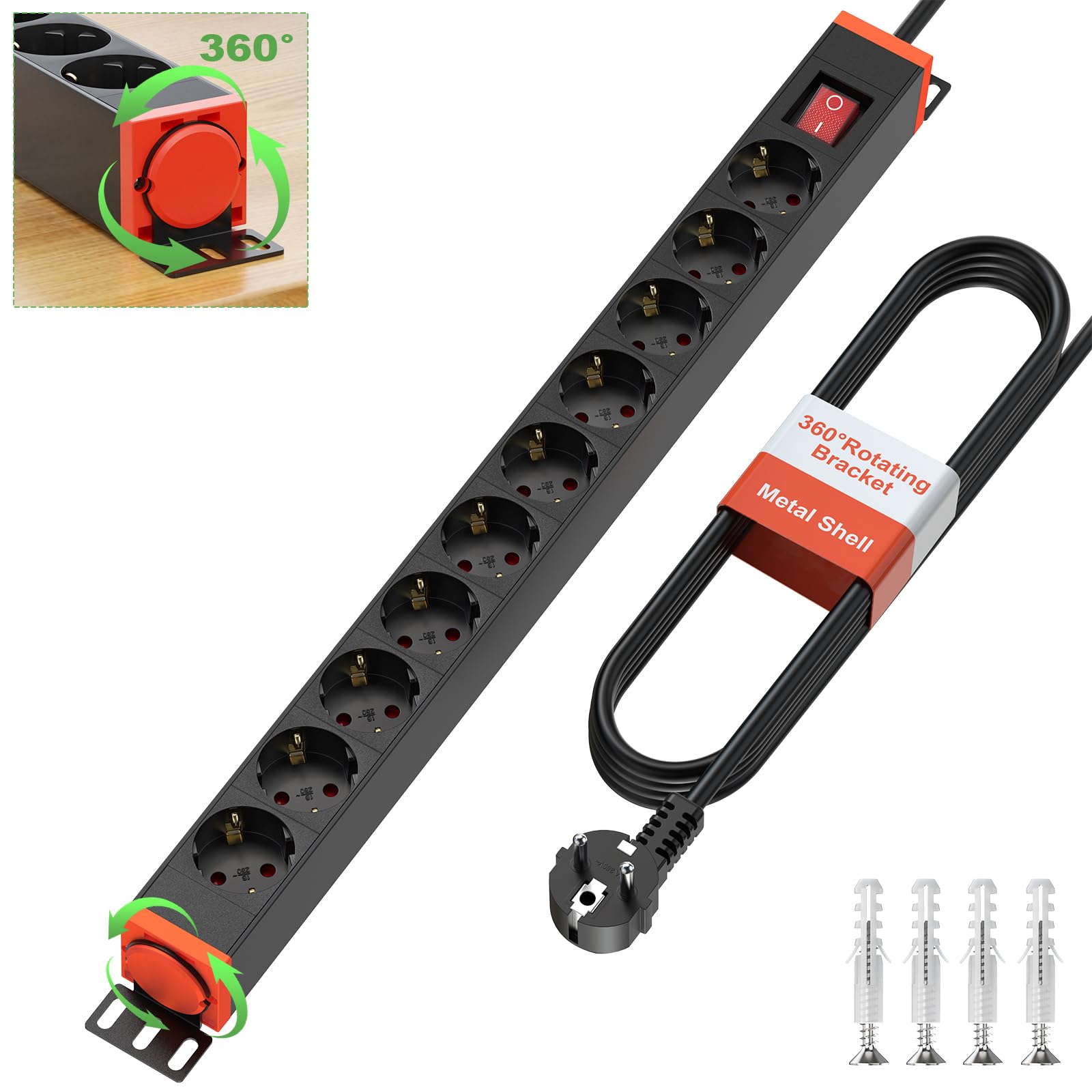 Ciabatta elettrica a 10 prese, con protezione da sovratensione, in alluminio, multipresa a parete con interruttore per ufficio, industria, cavo di prolunga 1,8, 16 A/4000 W, colore nero