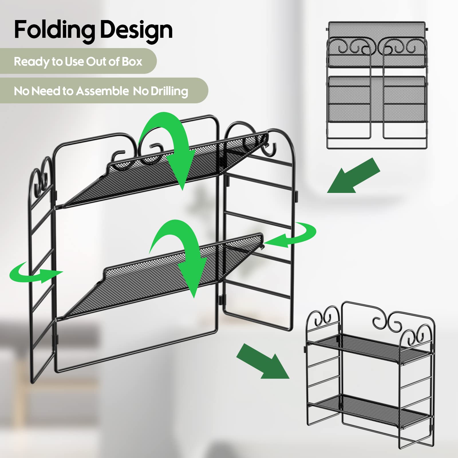 Over The Toilet Storage Shelf, 2-Tier Bathroom Organizer Over Toilet, Folding Bathroom Space Saver with Toilet Paper Holder and Hooks(Black)