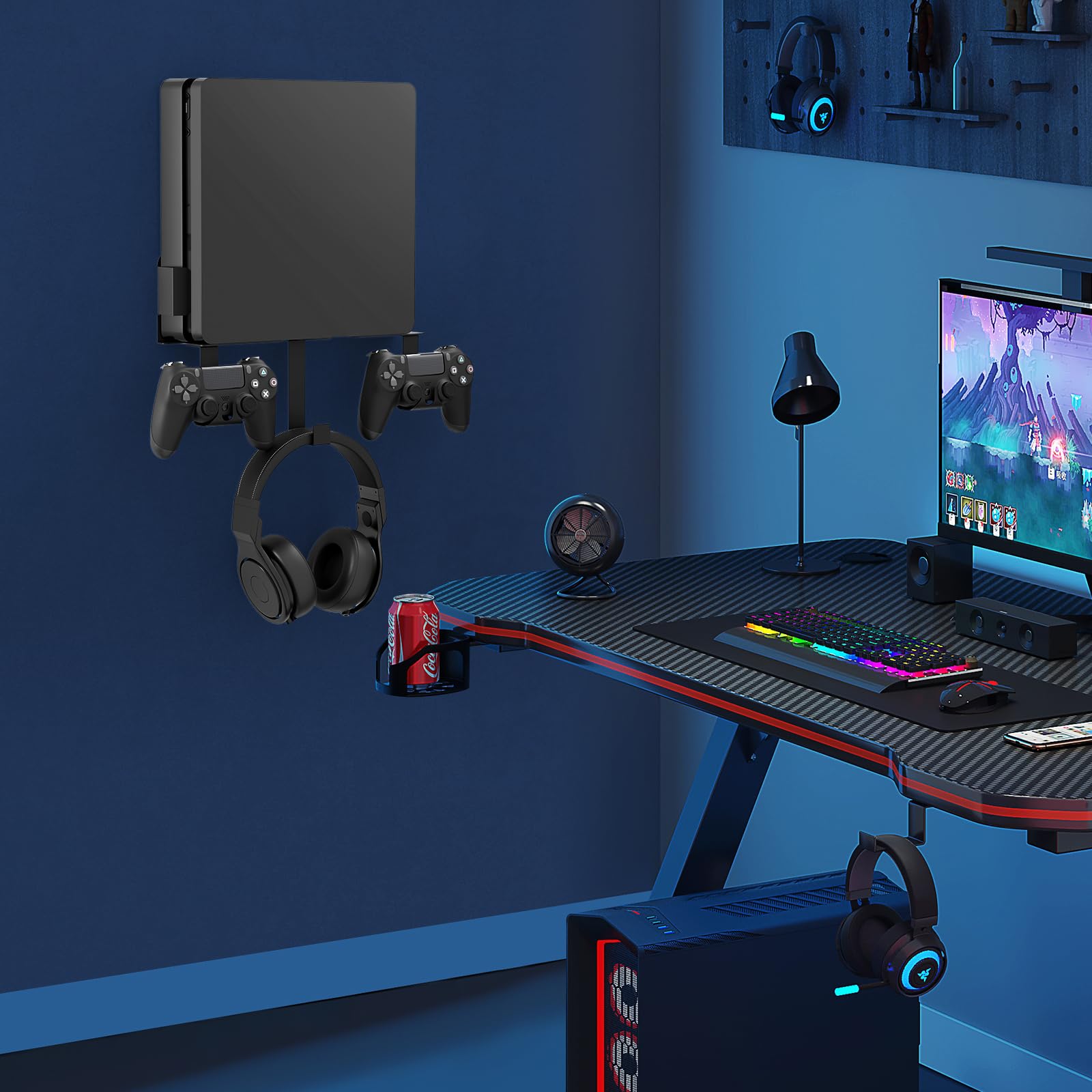 Wall Mount for PS4 Slim with Detachable 2 Controller Holder & Headphone Hanger, Metal Stealth Wall Mount Stand for Playstation 4 Slim