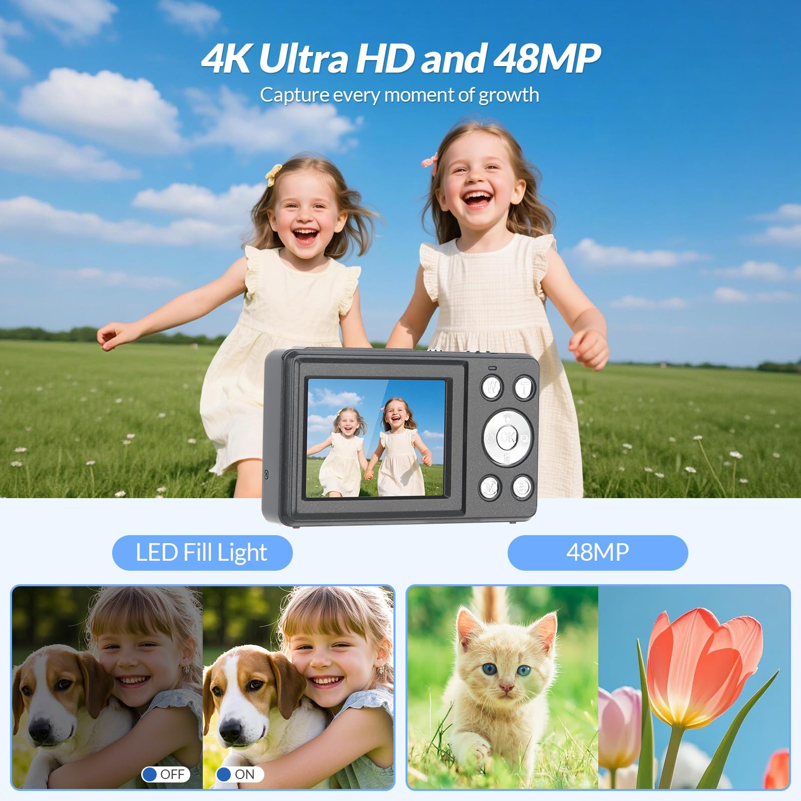 Fotocamera digitale, fotocamera portatile ad alta definizione 1080P con zoom 16x e stabilizzazione, include scheda di memoria interna da 32 GB, fotocamera compatta e leggera.