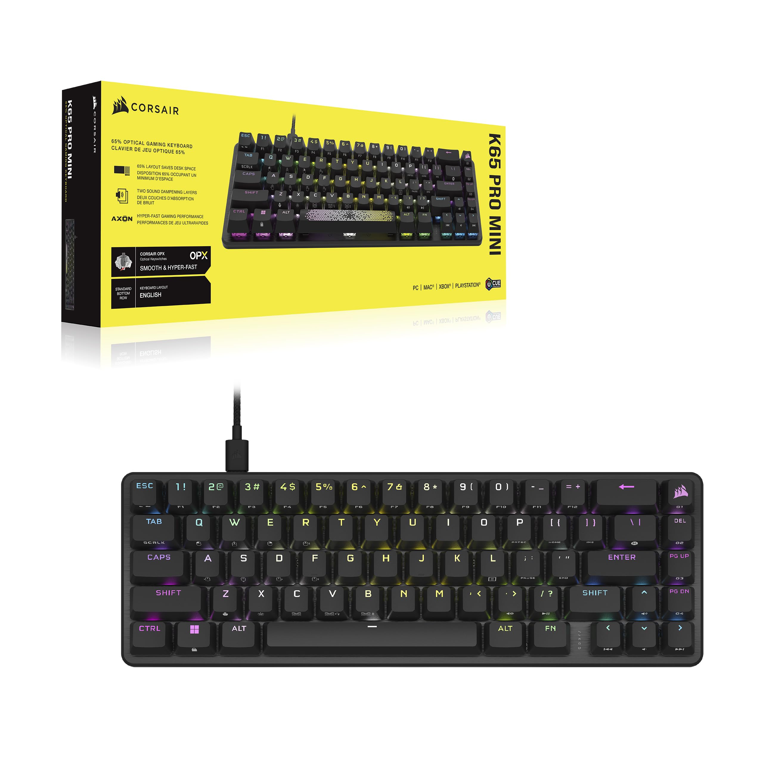 Corsair K65 Pro Mini RGB 65% Teclado con Cable para Juegos - Negro | QWERTY ES, Óptico-Mecánico, Interruptores OPX, Teclados PBT Double-Shot, Compatible con iCUE