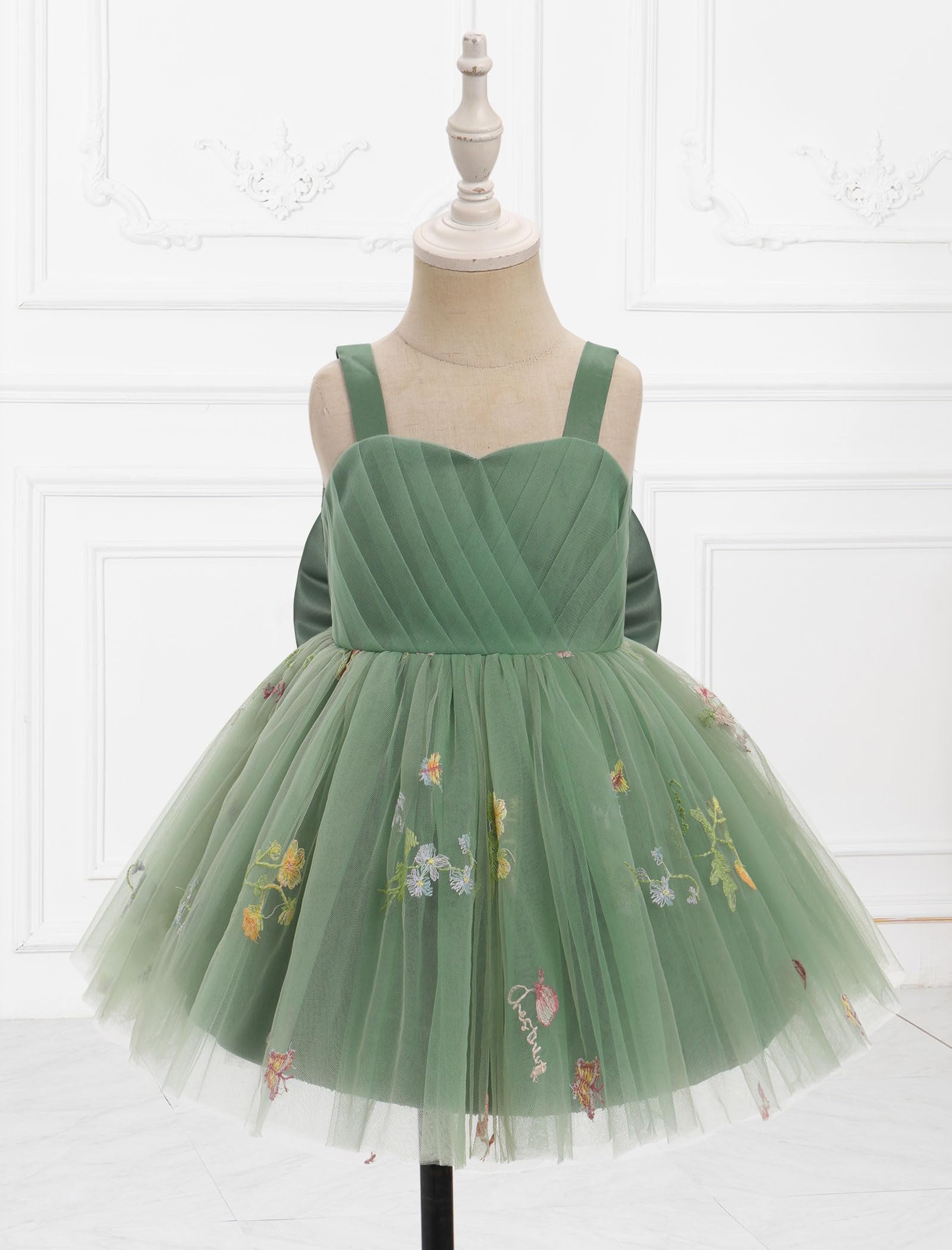OMEWEE Vestido de flores para niña, con bordado floral, plisado, vestido de tul con volantes, vestido de verano elegante para primera comunión, boda, sesión de fotos