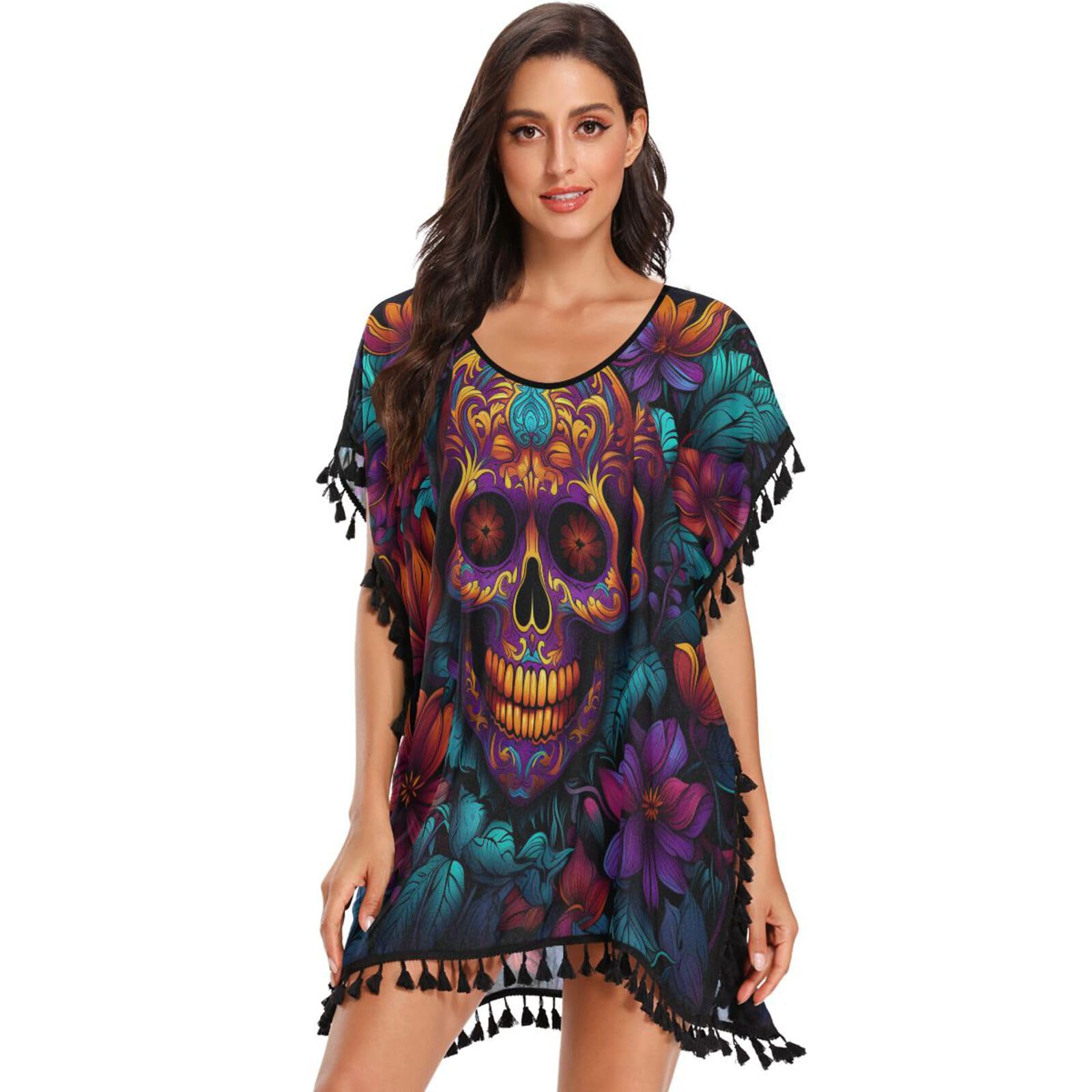 Purple Cyan Skulls Rose Flower Women's Beach Cover Up Chiffon Tassel Swimwear Swimsuit Coverups for Girl