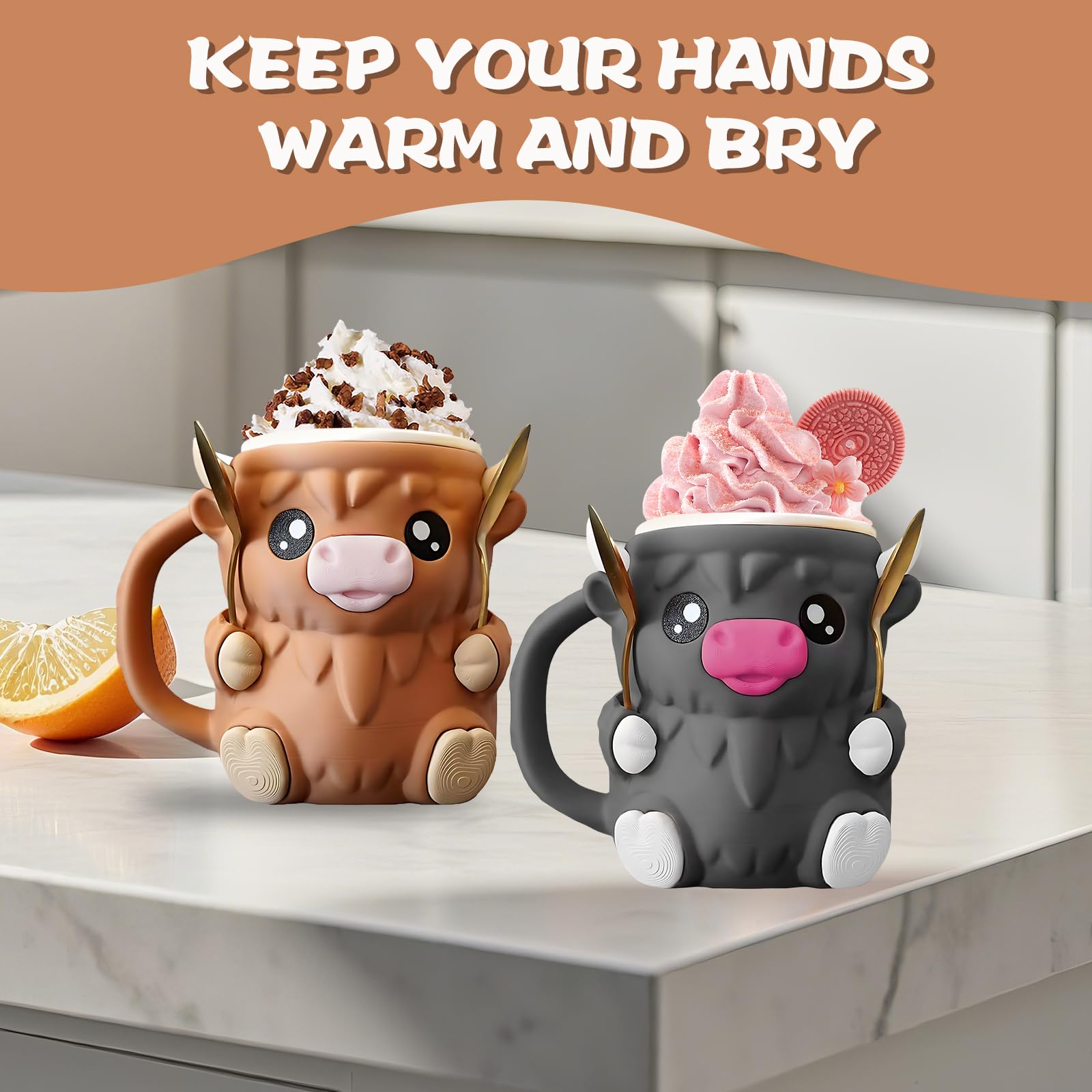 2 Stück Highland Cow Ice Cream Holder,Bezauberndes Eisbecher Halter,3d Printing Eiscreme Pint Halter,Inklusive 4 Löffeln,Geeignet Für Den Hausgebrauch,Picknicks,Partys Und Camping