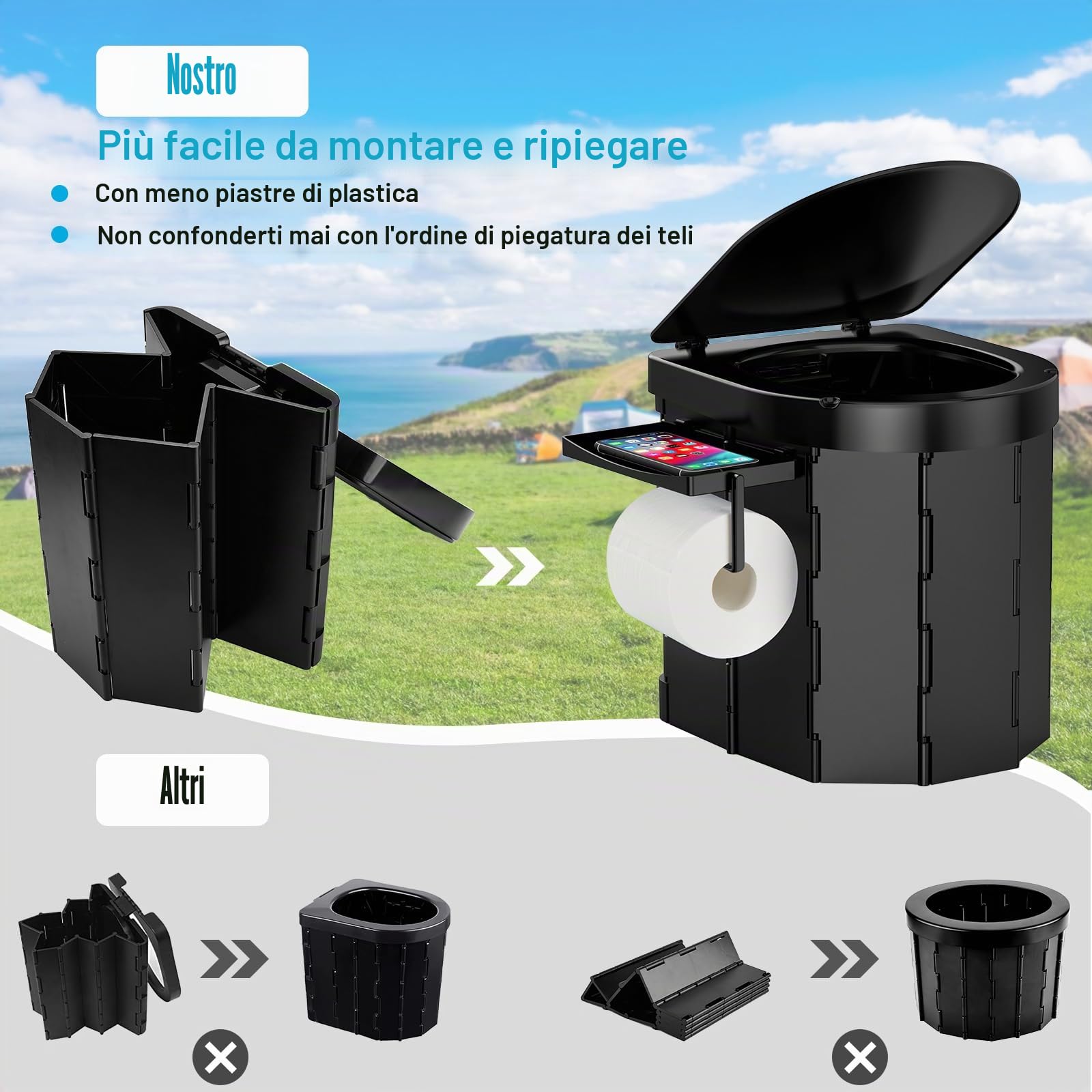 PAHTTO Toilette portatile da campeggio, WC pieghevole per adulti con ripiano staccabile per telefono e porta carta igienica, vasino porta con coperchio (nero)