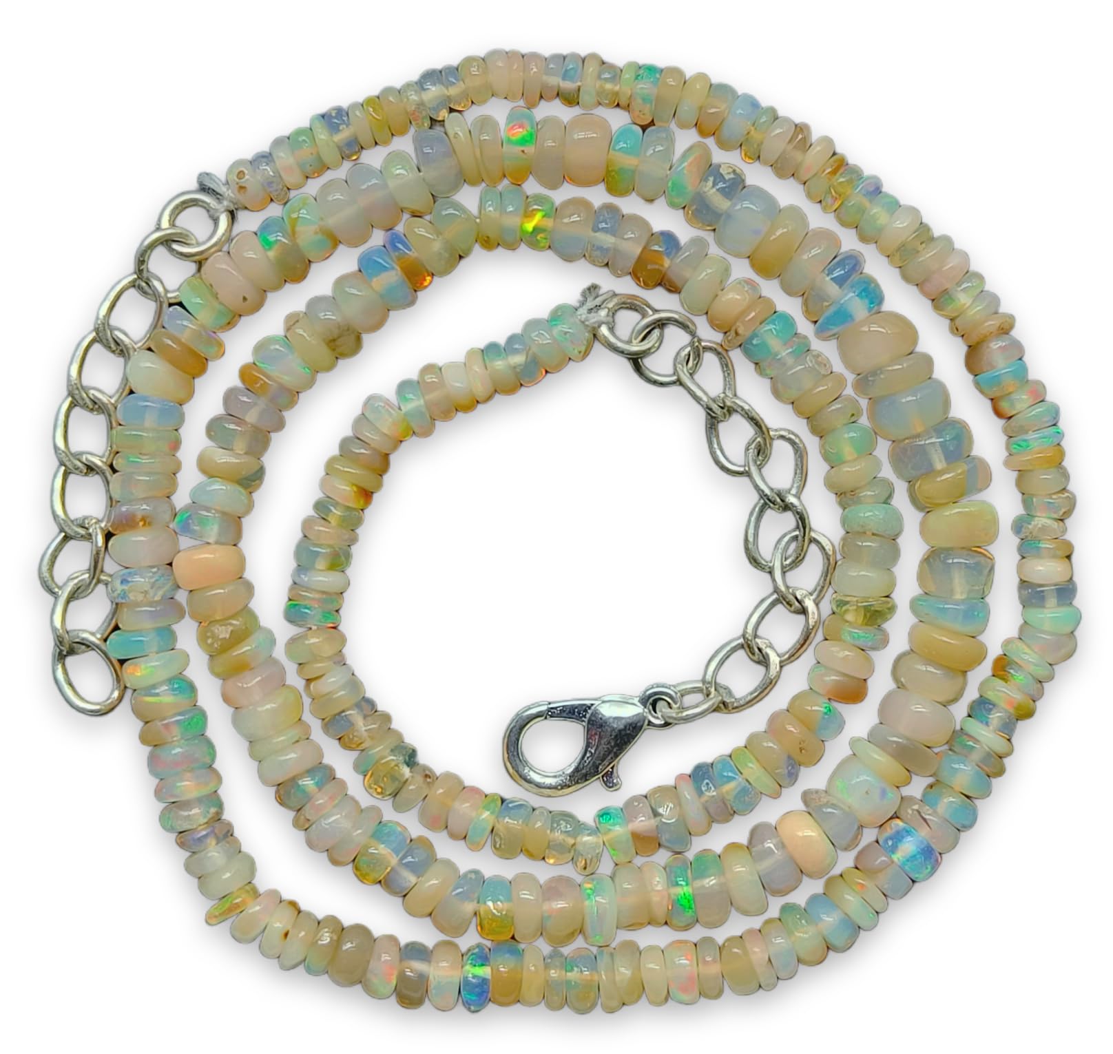 SAJTOXNatural Ethiopian Opal Gemstone Beads Jewelry, Birthstone, Energy Healing Crystals, Bracelets for her, 925 Sterling Silver Plated Chain 18 inch