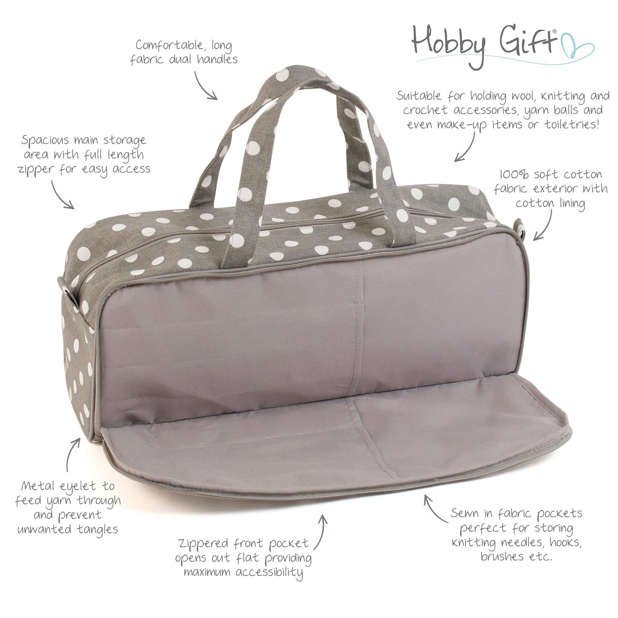 Hobby Gift Borsa Media per Maglia - Borsa Organiser per Uncinetto in 100% Cotone Morbido con Custodia per Ferri con Zip, Foro per Filato, Porta Filato e Doppi Manici - 13 x 45 x 18 cm, Pois Grigi