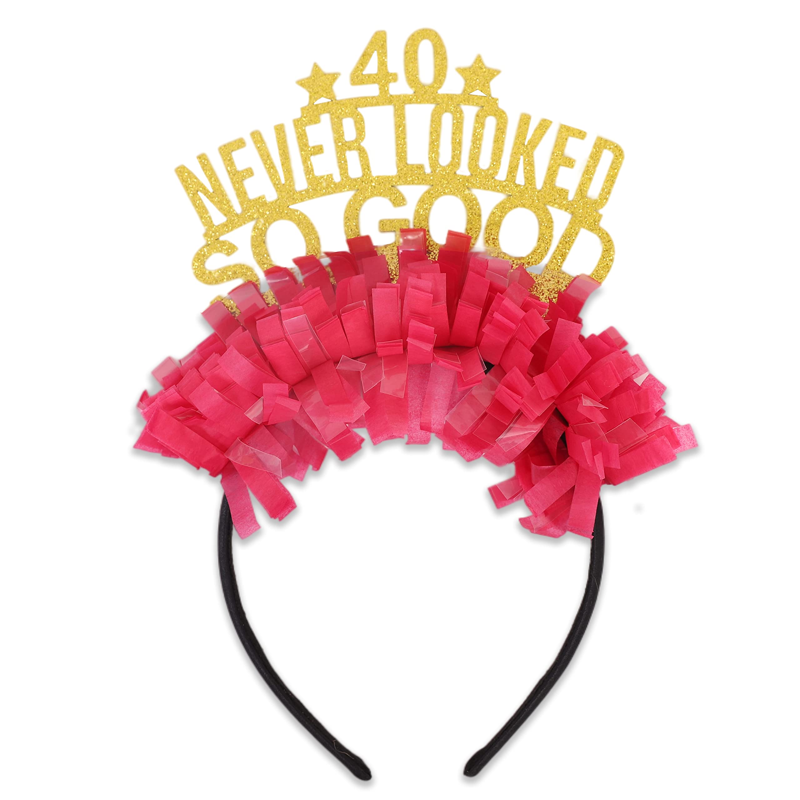 ZZDCMS 40 Never Looked So Good Birthday Tiara - 40th Birthday Crown Decoration, Funny Glittering Colorful Tassel Paper Headgear,40th Birthday Gift for