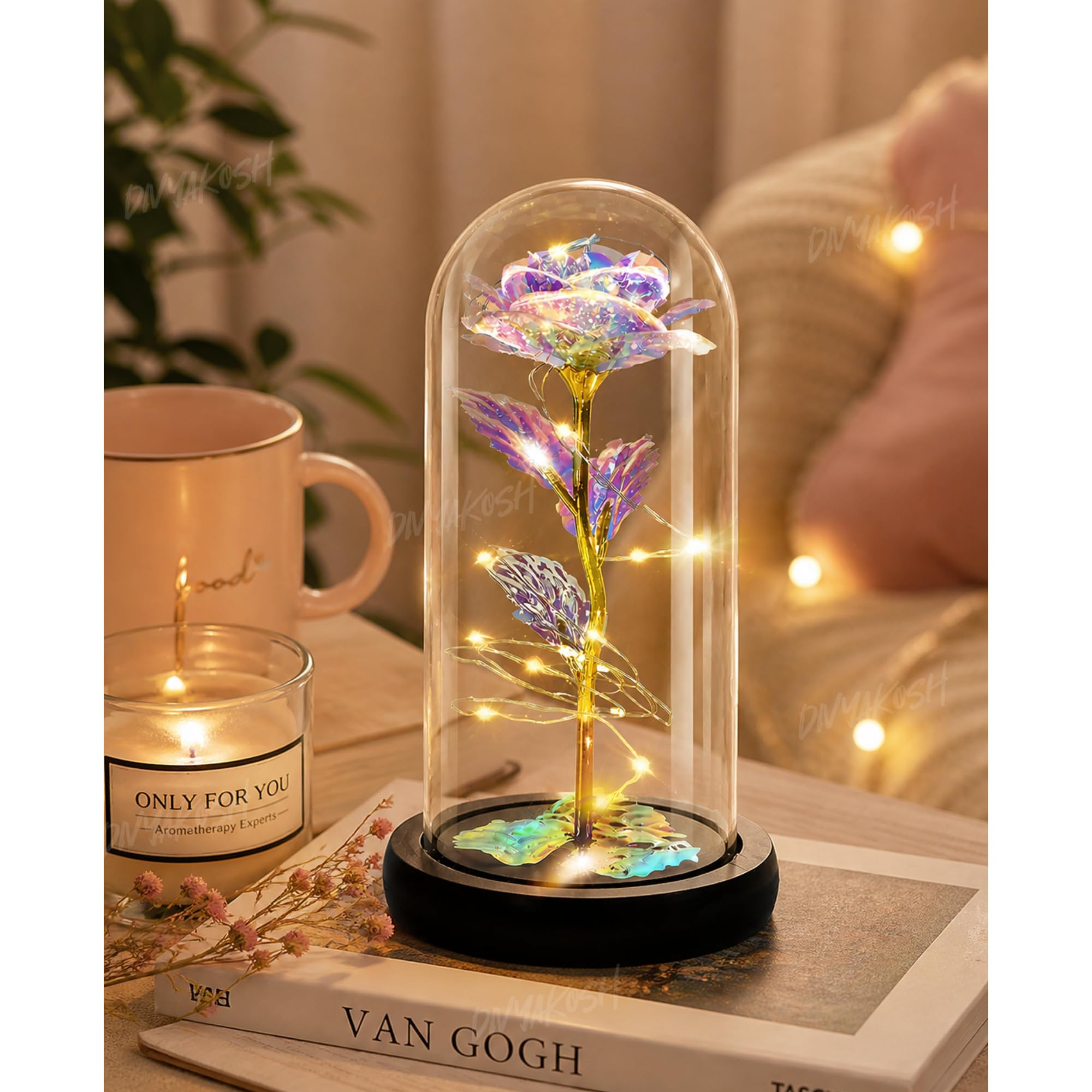 Divyakosh Rose Glass Dome Lamp | Aesthetic Room Decor Light for Bedroom, Bedside & Living Room | Cute Romantic Gift for Girlfriend, Wife & Couples | Modern Decorative Showpiece-image-19