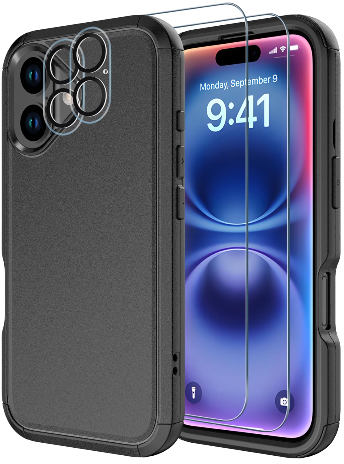 Diverbox for iPhone 16 Plus Case [Shockproof] [Dropproof] [Tempered Glass Screen Protector + Camera Protectors] Heavy Duty Protection Phone Case Cover for Apple iPhone 16 Plus (Black)