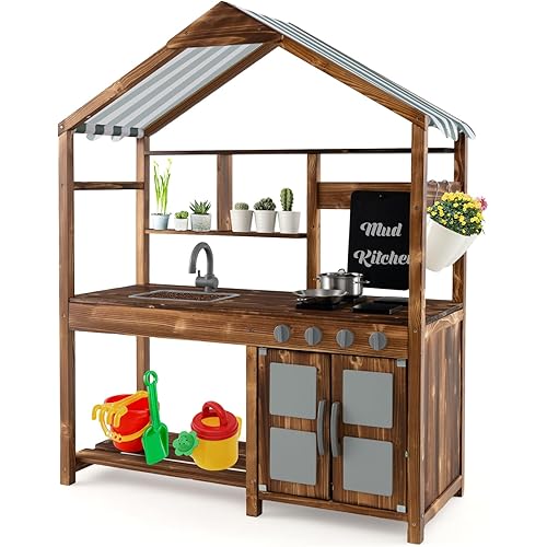 HOMGX Outdoor Mud Kitchen for Kids, Wooden Pretend Playset with Canopy, Removable Sink, Pot, Pan, Chalkboard, Planting Boxes and Stoves, Play Kitchen Toy Set for Toddlers, Backyard