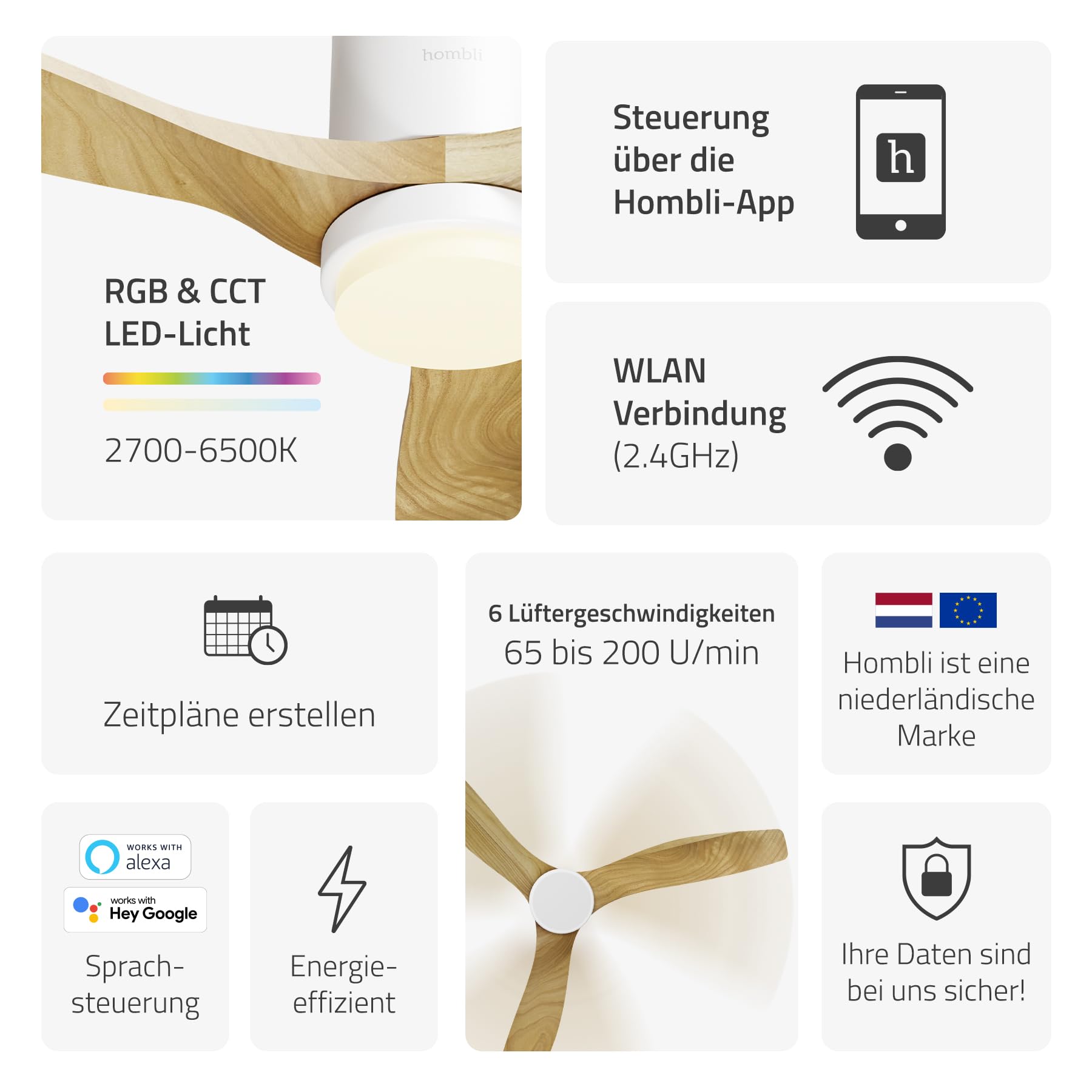 Hombli Smart Deckenventilator mit LED-Licht, warmweiß, kaltweiß, dimmbar, Appsteuerung WLAN, 132 cm, leise 35W Motor, Räume bis 35 qm - Holz hell | Ventilator mit Beleuchtung, App-Steuerung, Räume bis 35 qm, LED-Licht, warmweiß, niederländische Marke für