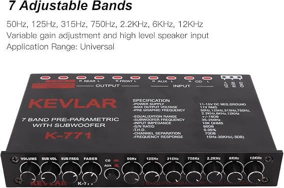 7 Band Car Audio Graphic Equalizer, Variable Gain Adjustment High Level Input EQ, Low Pass Filter, Chassis Graphic Equalizer with Control Volume