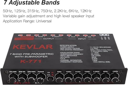 7 Band Car Audio Graphic Equalizer, Variable Gain Adjustment High Level Input EQ, Low Pass Filter, Chassis Graphic Equalizer with Control Volume
