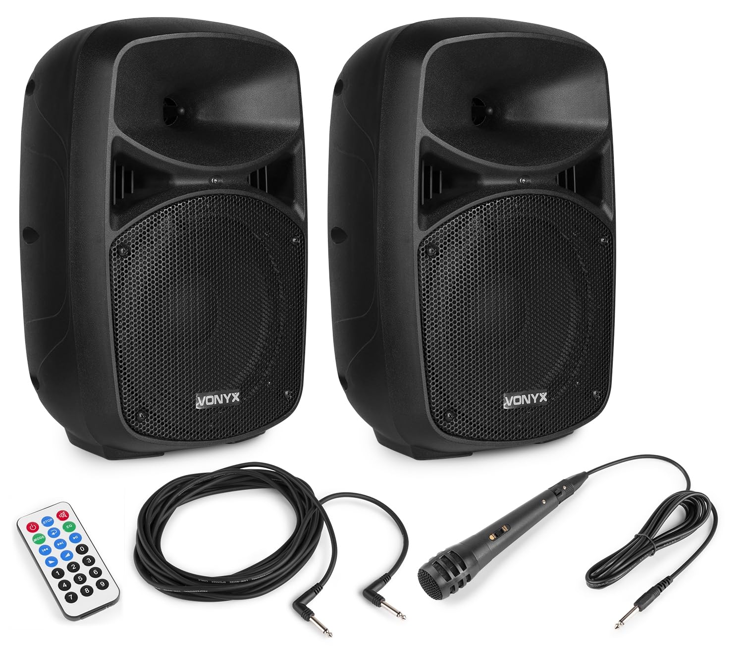Vonyx VPS082A – Sistema de Sonido Activo 400W con 2 Altavoces 8”, Bluetooth, USB, SD, micrófono y 2 Soportes Regulables LS02K, Altavoz portátil Potente para Karaoke, DJ y Fiesta, Color Negro