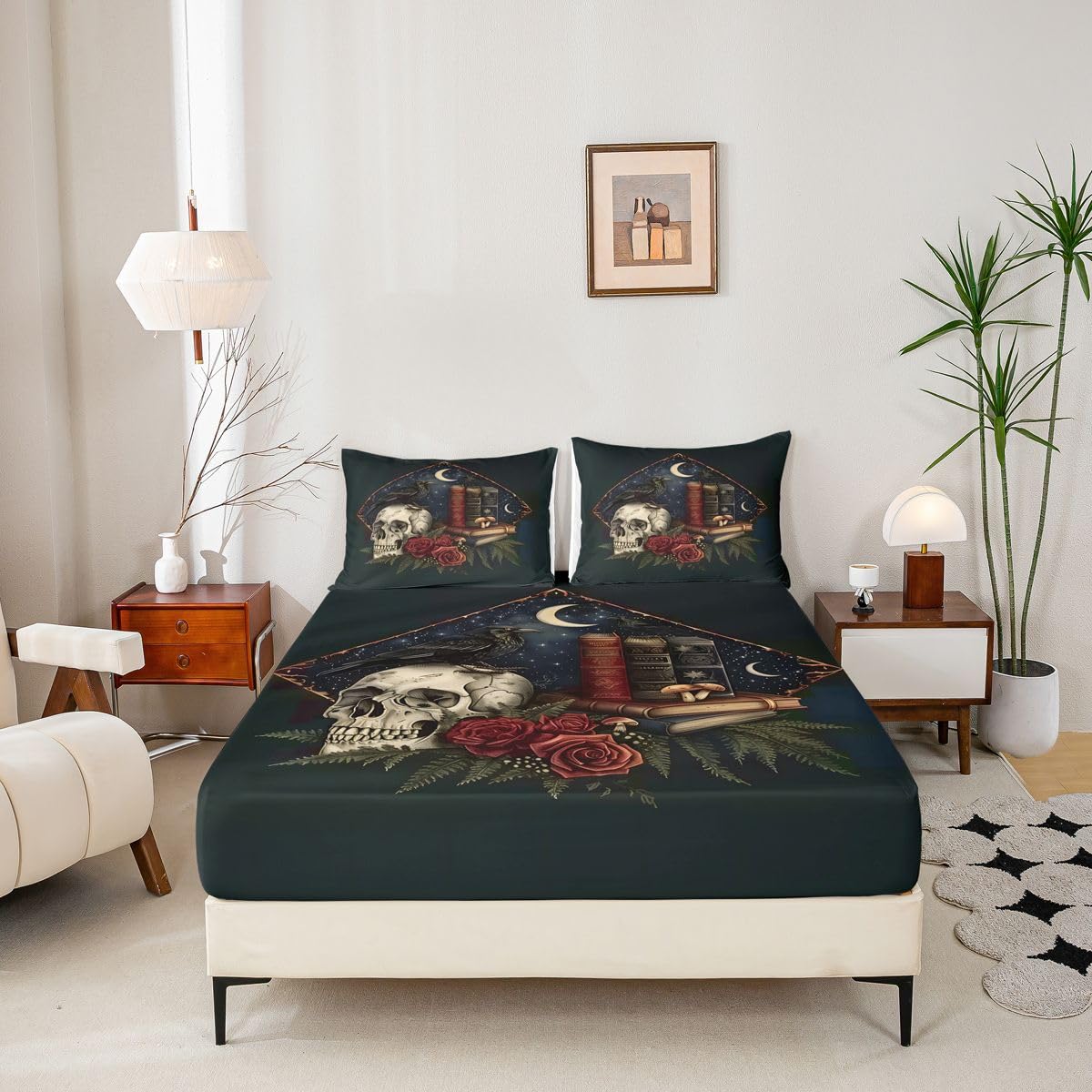 Homewish Lenzuolo con angoli king size, motivo teschio gotico, 3 pezzi