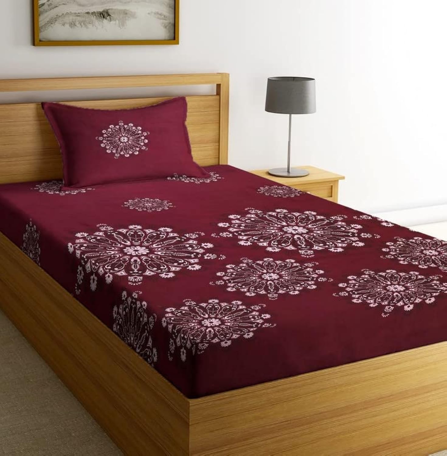 NHD HOME Premium Glace Cotton 180 TC Flat Single Bedsheets for Summer Breathable | Wrinklefree (Size-60 X 90 Inch) with 1 Pillow Covers (Size-17 X 27 Inches, Maroon and Golden)