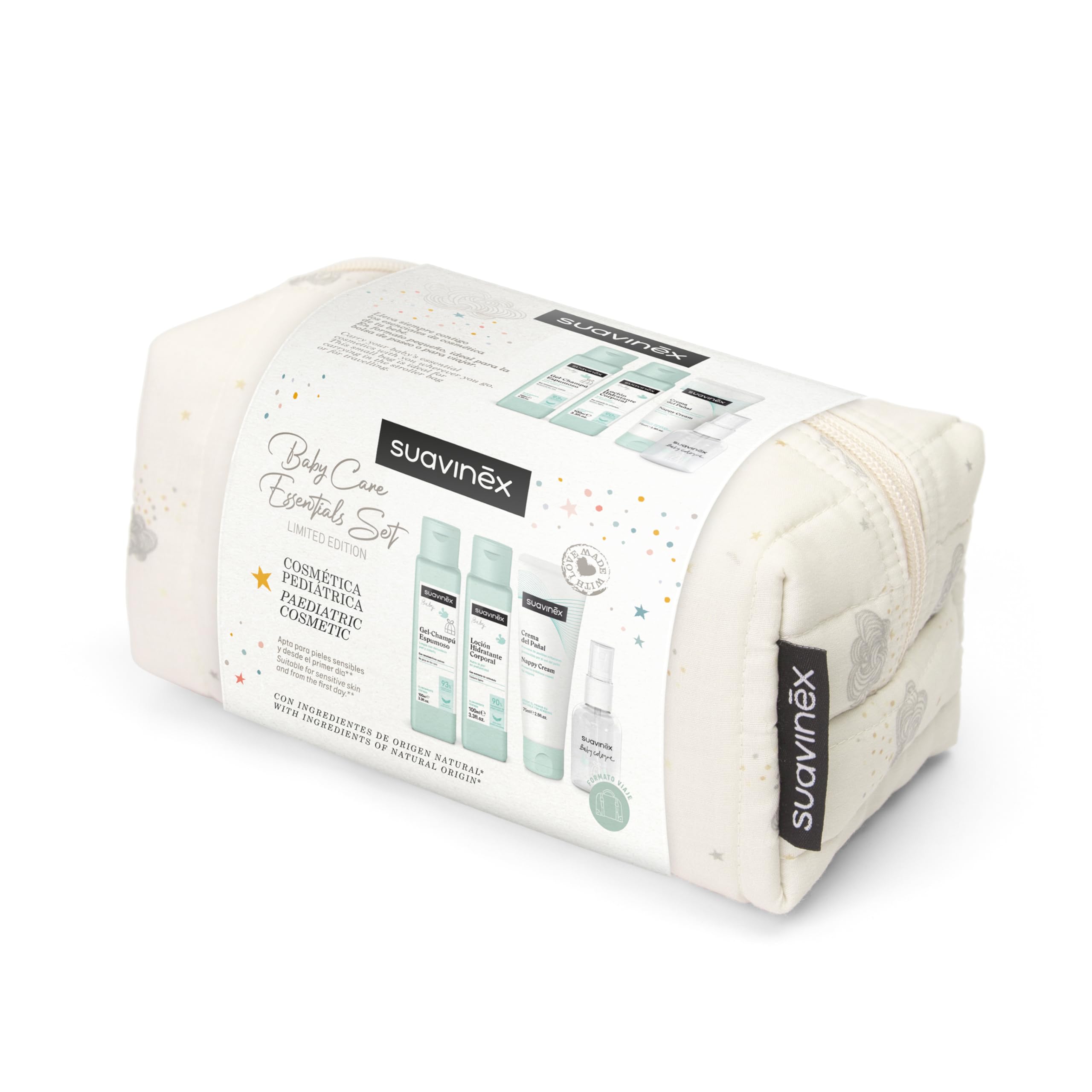 Suavinex, Fabric Beauty Case, Baby Gift Set with Cosmetics: Shampoo Gel 100 ml + Moisturizing Lotion 100 ml + Diaper Cream 75 ml + Baby Cologne 50 ml. Travel Size Dreams Beige - 4