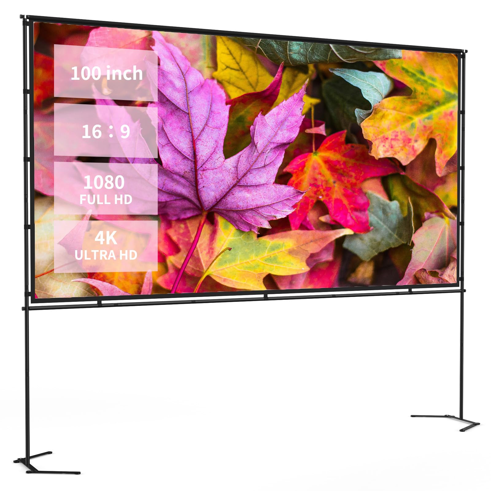 Photo 1 of 100-inch Portable Projector Screen with Stand | 16:9 HD 4K Wrinkle-Free Indoor/Outdoor Screen for Home Cinema, Backyard Movies & Camping