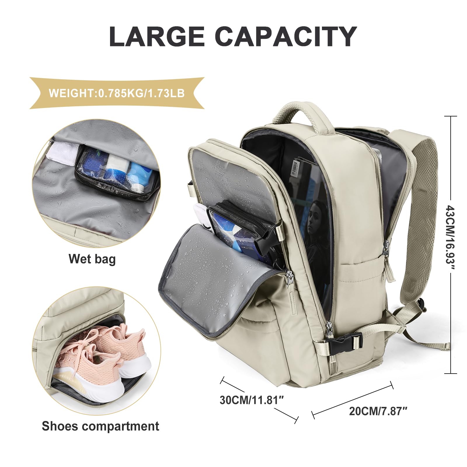 Cabin Bags for Travel, Underseat Carry on Hand Luggage Backpack for Women Airplane Approved Travel Backpack Personal Item Travel Bag 14 inch Laptop Backpack for Business Casual Work Beige — view 3