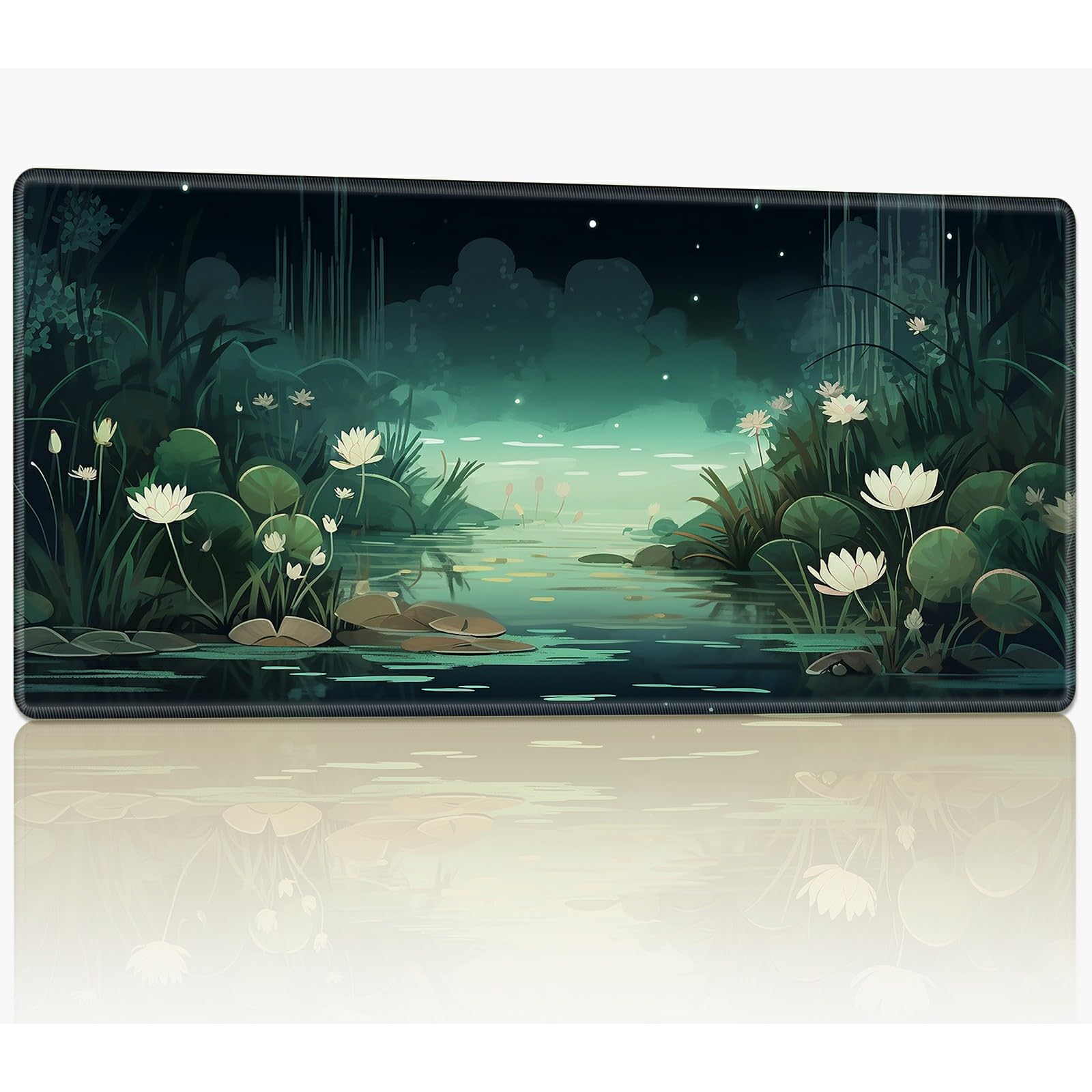 for MTG Playmat with Stitched Edges, 24 x 14 inches Stitched TCG Card Play Mat Commander Board Game Mats Smooth Rubber Surface Battle Game Desk Mat, White Lotus Lake