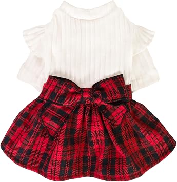 Fitwarm Knitted Plaid Sweater Dress, Christmas Outfit, Winter Clothes for Small Dogs & Cats, White & Red, XS