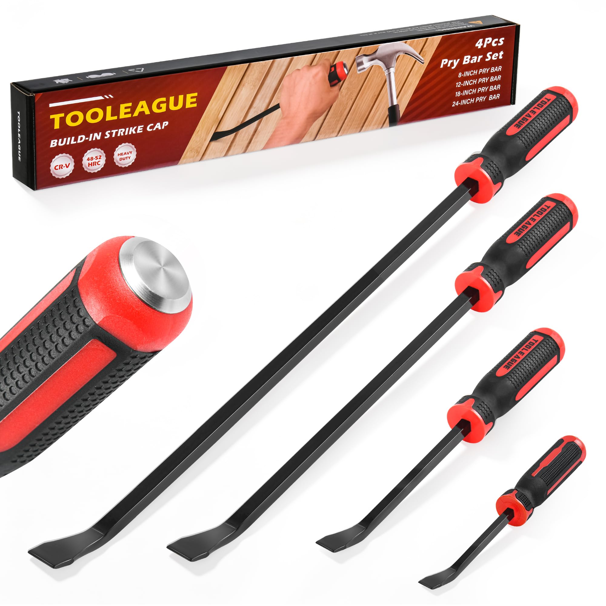 TOOLEAGUE Utility 4Pcs Pry Bar Set with Strike Cap Handle,8",12",18",24"
