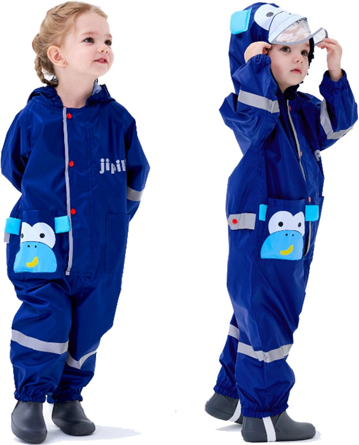 Kids Toddler Rain Suit for Boys Girls One Piece Hoodie Zipper Cute Cartoon Waterproof Rain Jacket 1-10 Years S-XL Size