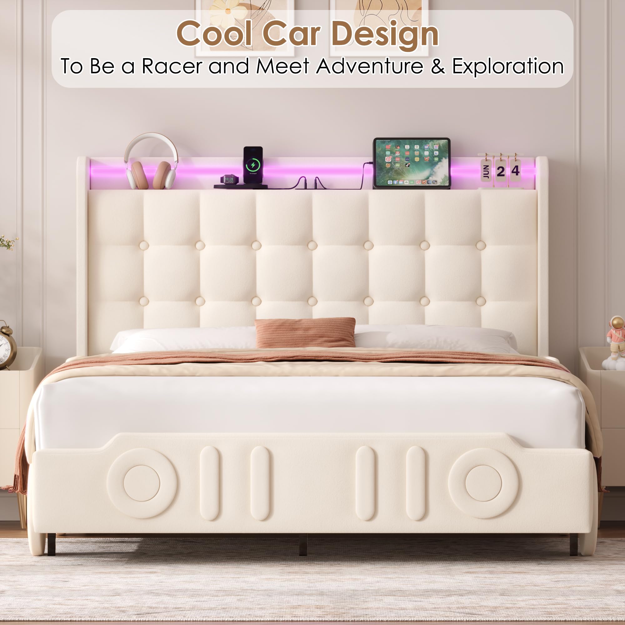 Keyluv Full Car Bed Frame with LED Lights and Charging Station, Upholstered Platform Bed with Button Tufted Headboard and Wheels, No Box Spring Needed, Noise-Free, Easy Assembly, Velvet Beige