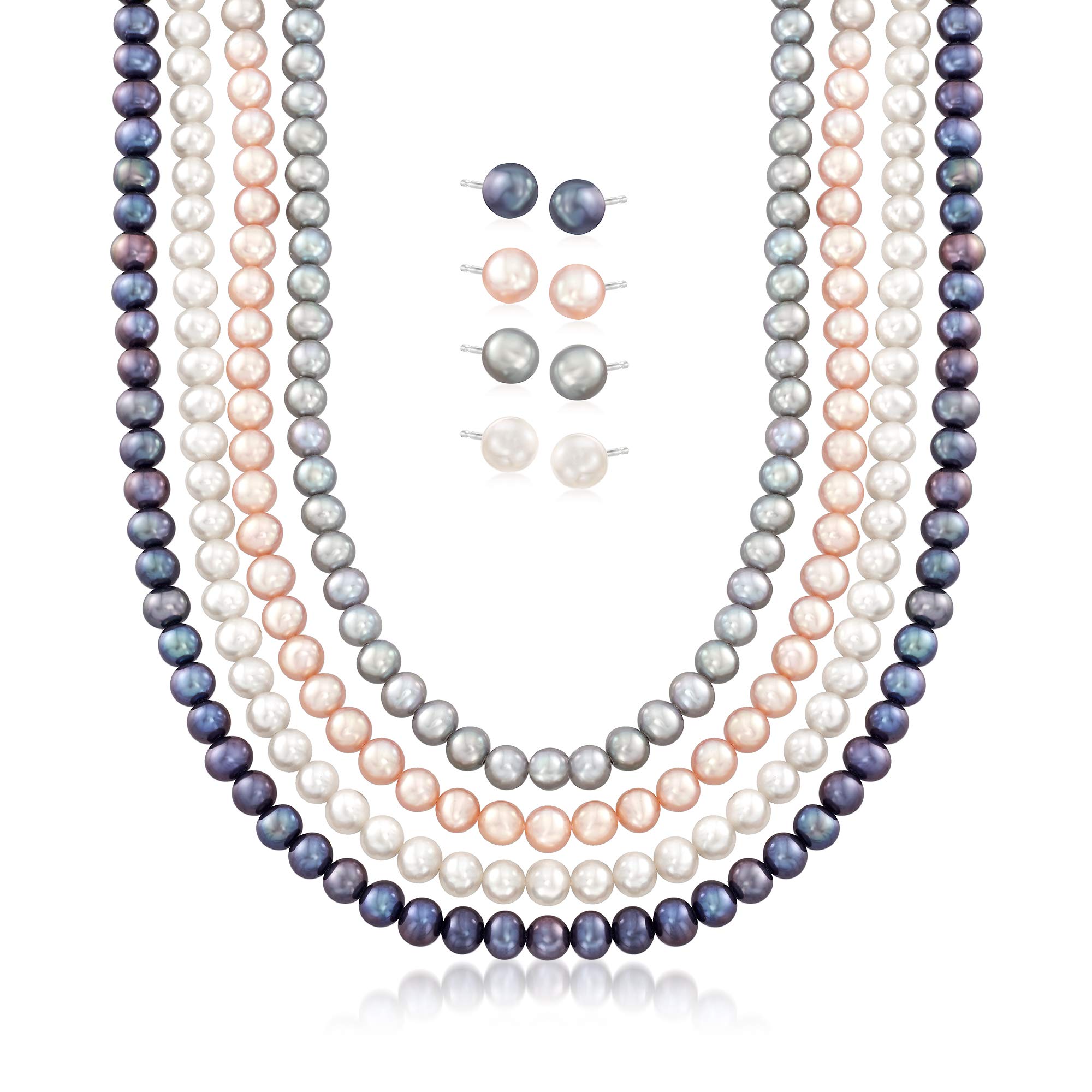 Ross-Simons 5-7mm Multicolored Cultured Pearl Jewelry Set: 4 Necklaces and 4 Pairs Of Stud Earrings in Sterling. 18 inches