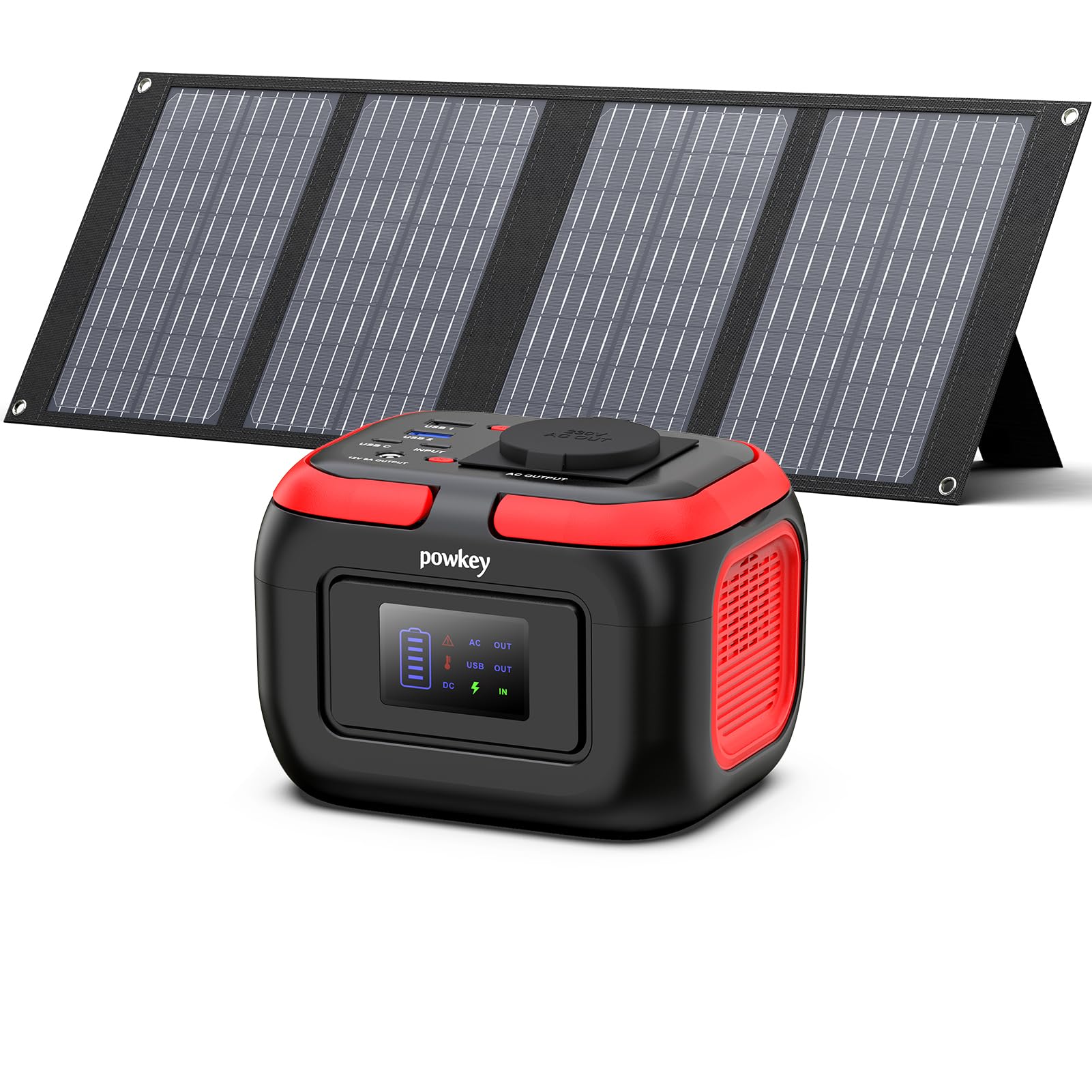 Powkey Tragbare Powerstation 26400mAh/97.68Wh mit Faltbares Solarpanel 40W, Powerbank mit Steckdose 120W 230V AC Ausgang 12V 6A DC, für Camping Reisen,Solarpanel Nicht Dabei