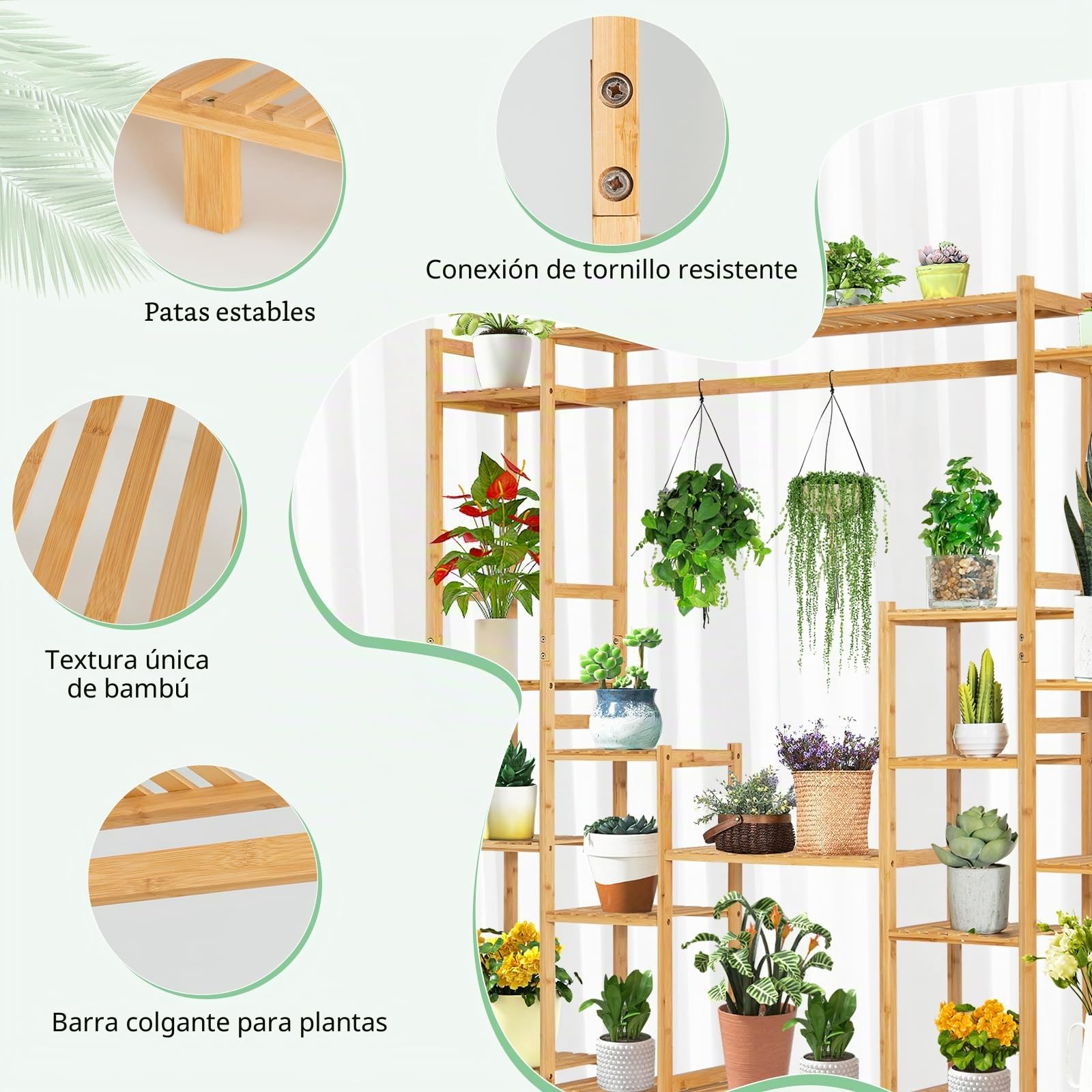 HOMASIS Estantería para flores con 18 estantes y barra colgante, estantería para plantas de bambú, soporte para plantas, soporte para plantas, para salón, 167 x 30 x 166 cm