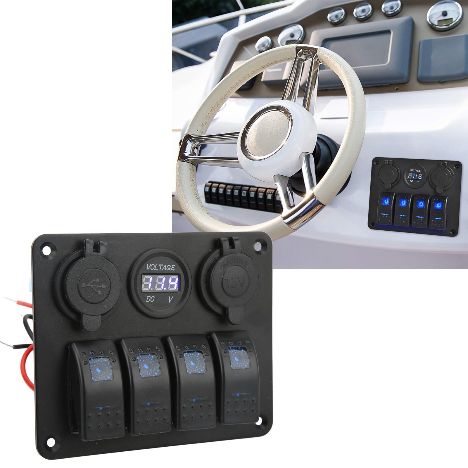 Panel de Combinación de Yate de Barco Interruptores Marinos para RV Boat Yacht Bus Panel de Basculantes de 4 Entradas con Combinación de Encendido y Apagado Toma Encendedor de Cigarrillos USB