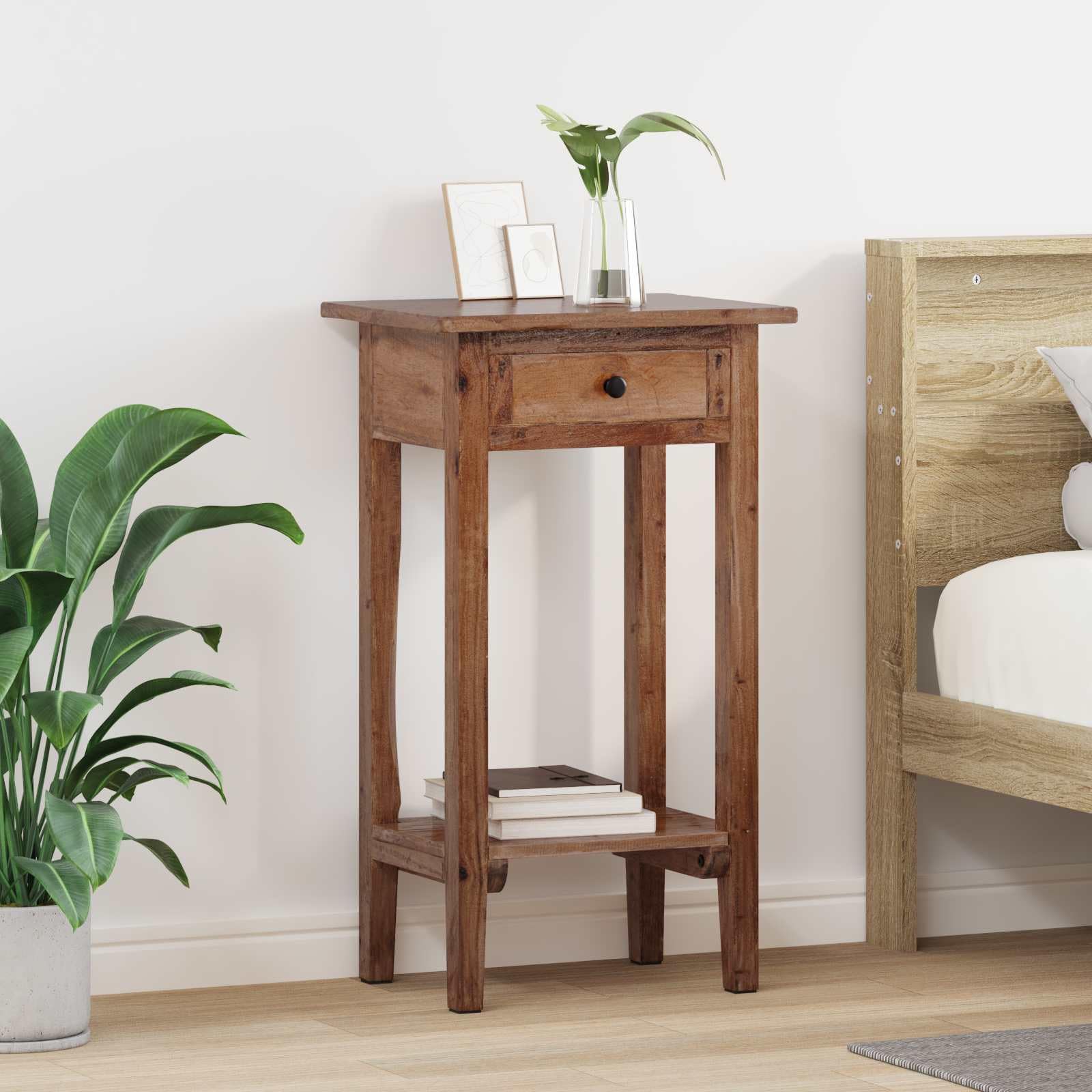 Supporto per piante marrone 34 x 25 x 52 cm, in legno di mogano | Con cassetto, pomelli in ottone, stile rustico, per giardino, terrazza, balcone