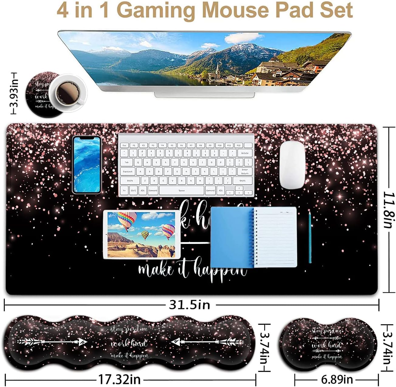 Large Gaming Mouse Pad Memory Foam Keyboard Wrist Rest,Extended Office Desk Mat,Office Desk Pad with Stitched Edges,Laptop Desk Table Protector Rose Gold Glitter Inspirational Quotes Black Writing Mat