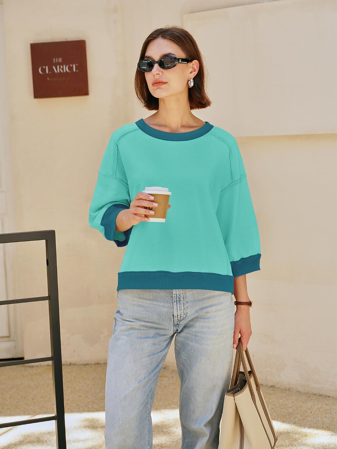 SENSERISE Oversized Sweatshirt for Women Short Sleeve Crewneck Sweatshirt 3/4 Sleeve Pullover Tops Color Block Top