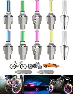 10 Pack LED Bike Wheel Stick Light Car Tire Valve Stem Cap Bicycle Motor Tyre Flash Light Reflector Accessories for Kids Men Women with 10 Extra BatteriesMulticolor
