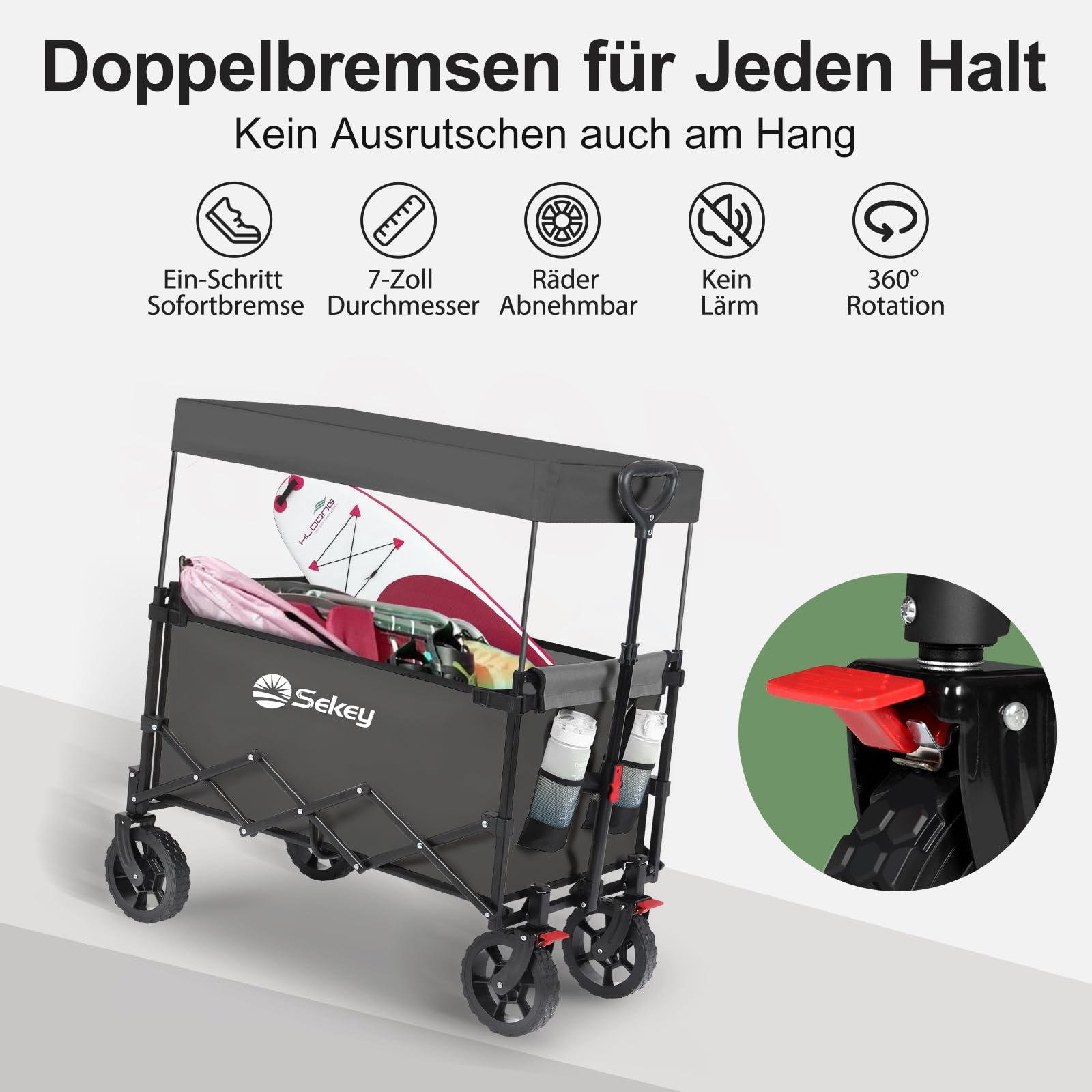 Sekey XXL Bollerwagen Faltbar Kinder 150L 150KG, Faltbarer Bollerwagen mit Dach Klappbarer Handwagen mit Sonnenschutz für Ausflug Strand Camping, S4018, Grau