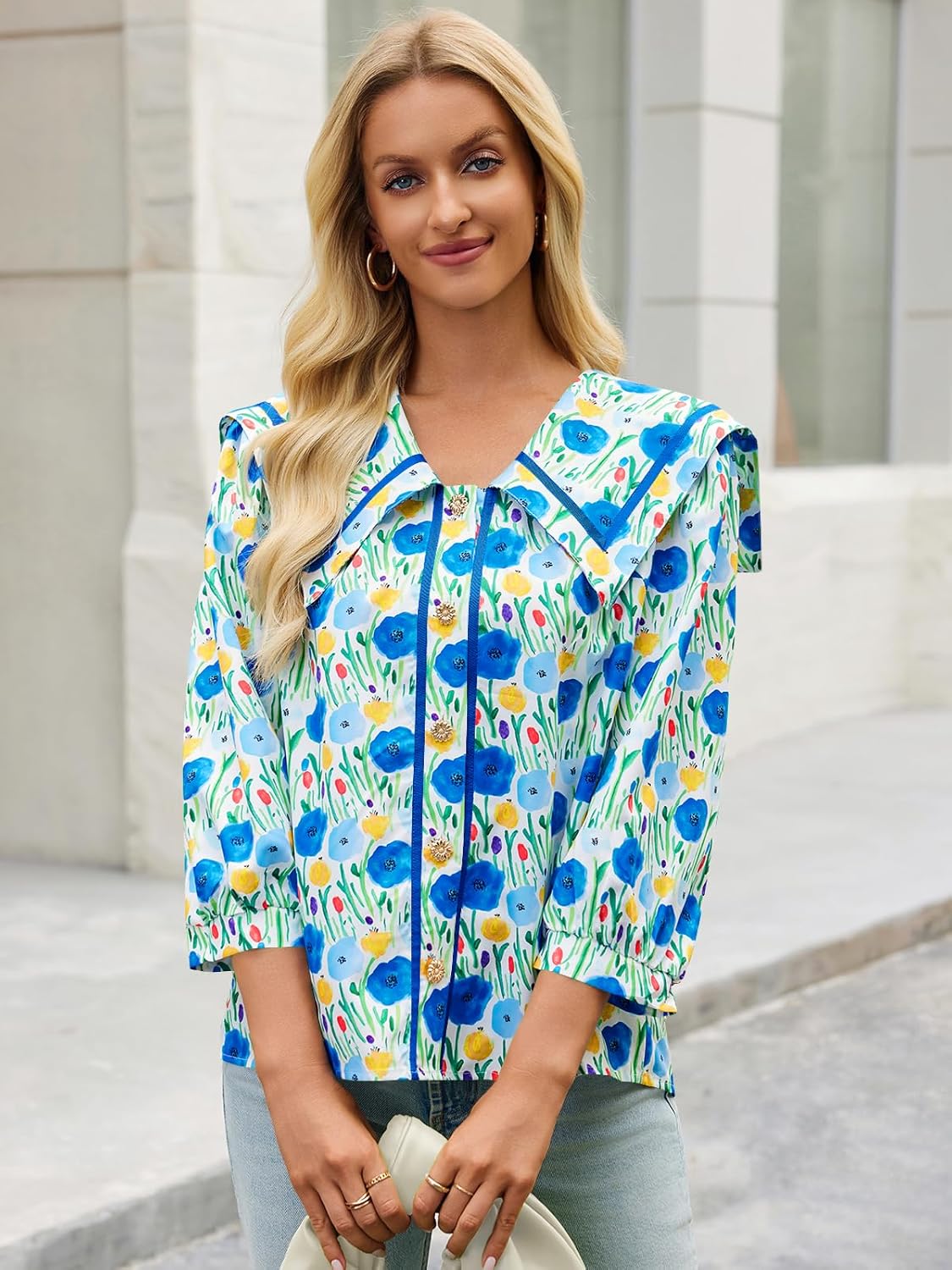 Cicy Bell Womens Floral Button Down Shirts Trendy Casual 3/4 Lantern Sleeve Blouse Square Neck Collared Tops - Image 6