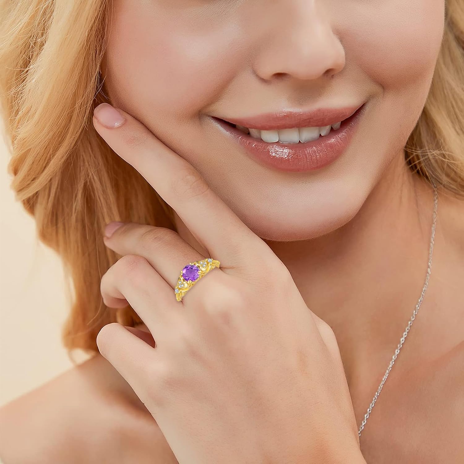 10K 14K 18K Gold Round Cut Amethyst Vintage Ring for Women 1 Carat Natural Amethyst and Moissanite/Diamond Promise Statement Anniversary Ring for Her