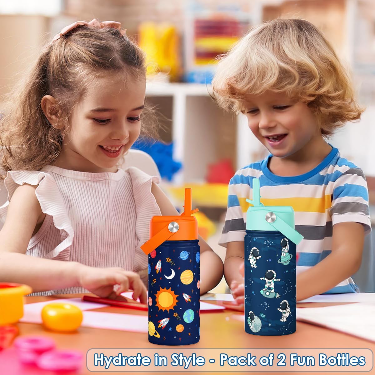 Kid Water Bottle 12oz with Straw Lid - 2-Pack Insulated Stainless Steel Water Bottles for Kids Boys Girls - Travel Cup for School Sports, Outer Space & Astronaut