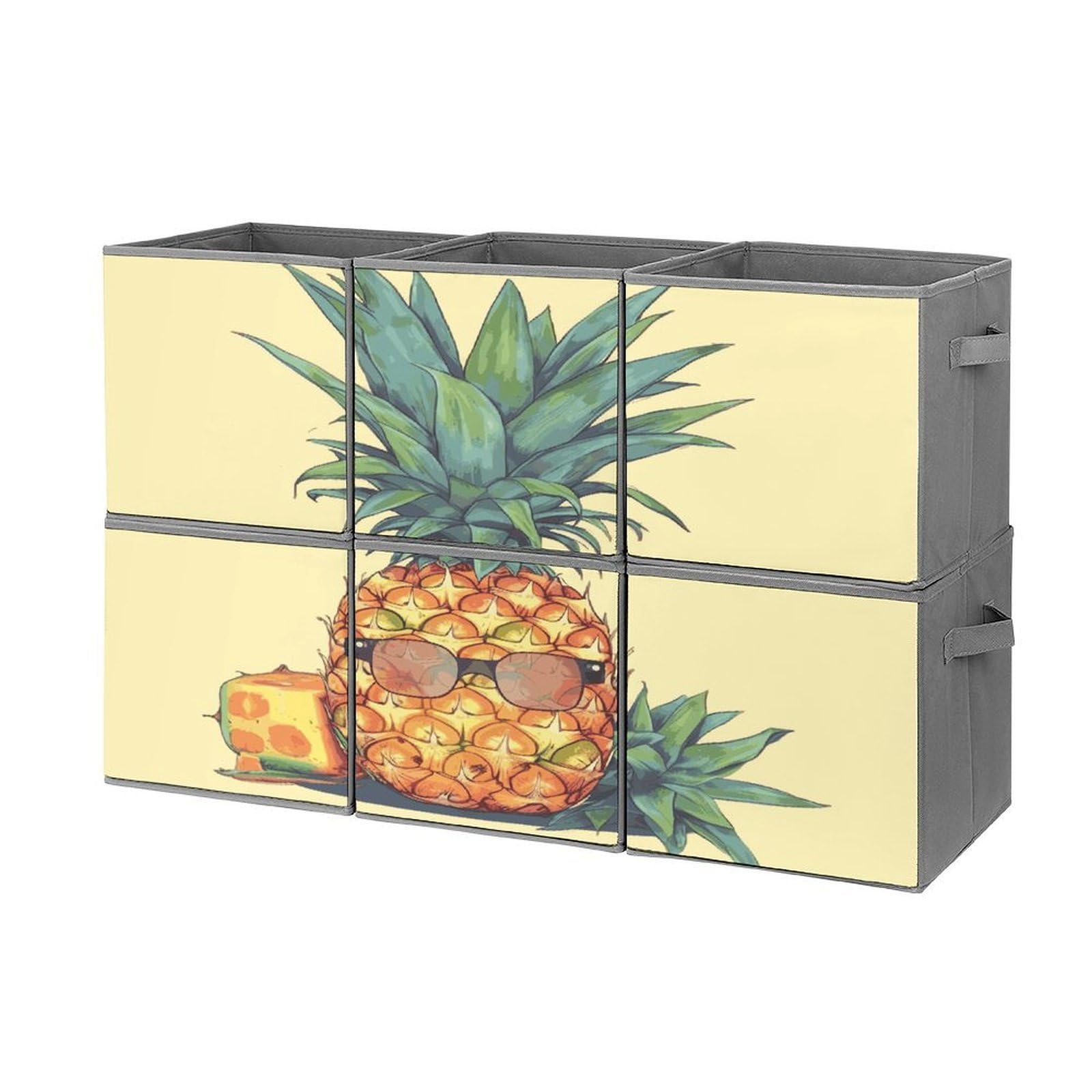 Fekiloot Style Funny Pineapple Storage Bin For Foldable And Handles,Closet Organizer Of 6-Pack Stackable,Storage Box For Living,Room, Office,Bedroom,Closet