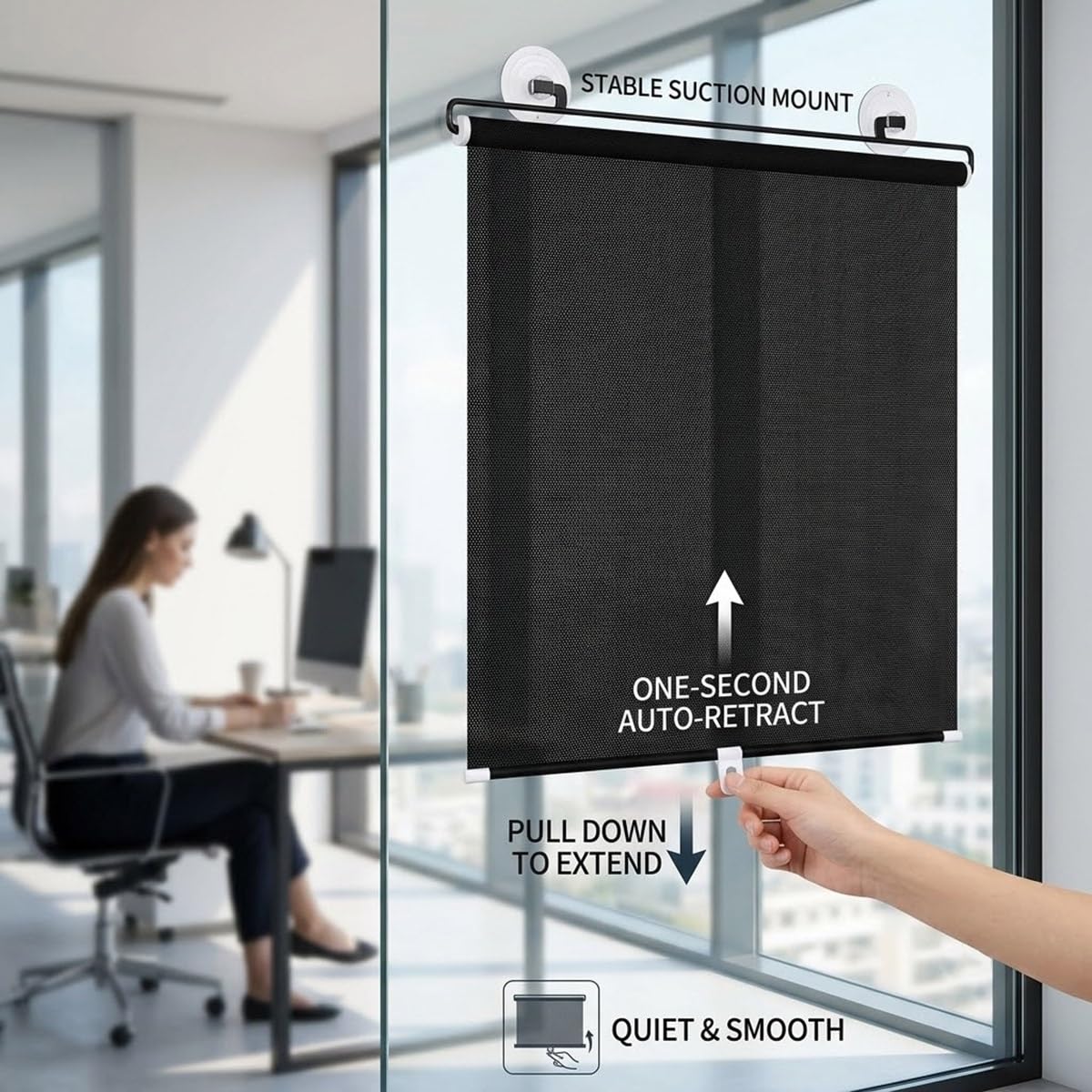Tende Oscurante a Rullo con Ventose Senza Fori, Parasole da Interno Termico per Finestra, Balcone, Ufficio e Auto, Tapparella Portatile, Nera, Protezione UV(23"Wx64"H)