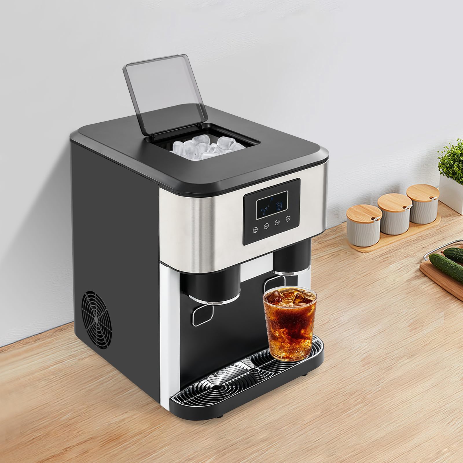 Macchina per il ghiaccio 3 in 1, per piano di lavoro, con funzione tritaghiaccio e acqua fredda, display LCD, produzione rapida del ghiaccio in 7-9 minuti, per casa, ufficio, caffè e bar