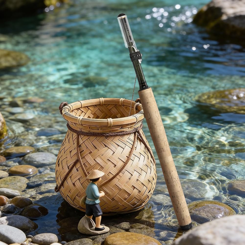 Tenkara Fliegenfischrute aus Kohlefaser mit Holzimitatgriff für kleine Bergfische, 350 cm Gesamtlänge, schwarzes Rollensystem, leichte Ausrüstung für Outdoor-Abenteuerreisen