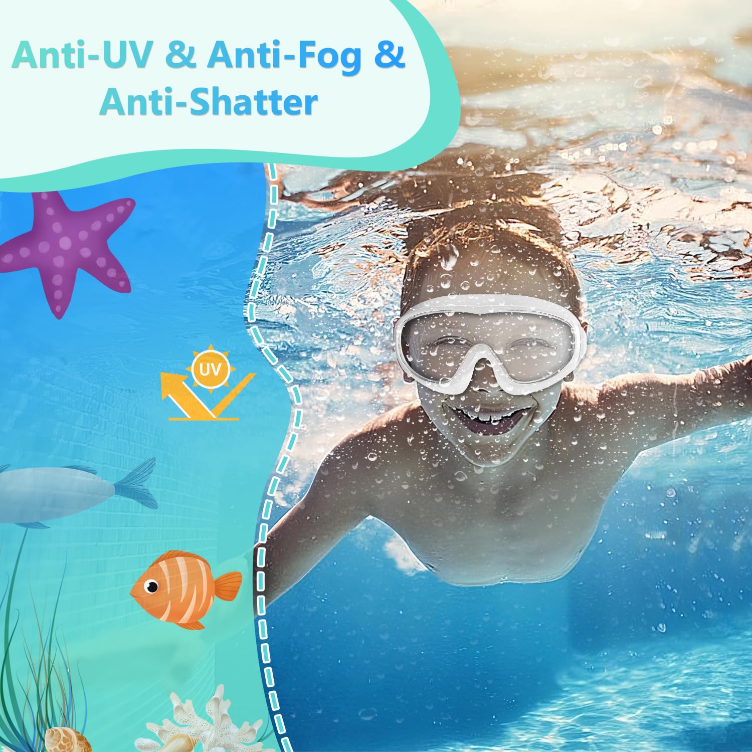 LaType Swim Goggles Snorkel Diving Mask, Anti-Shattered Lens UV Protection No-leak for Kids Youth 5-17, Anti-Fog Swimming Goggles for Adult Men Women (White)